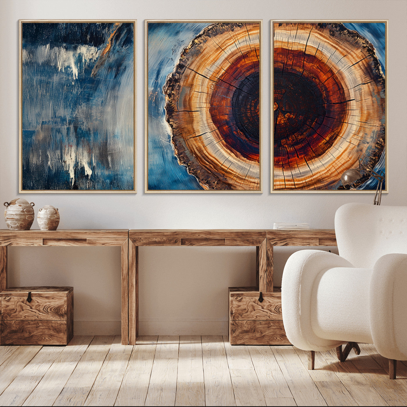 48045-MGV-FC-60X30-3P_Natural-Tree Ring Abstract Wall Art – Rustic Wood Grain Canvas Print with Brown Center and Blue Brush Strokes, Nature Inspired Artwork for
