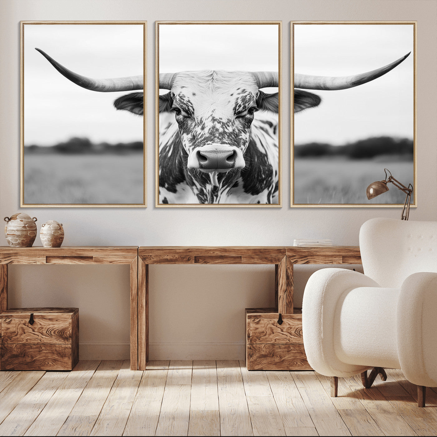 20272-MGV-CV-36X24-Texas Longhorn Wall Art – Black and White Cowboy Western Canvas Print, Rustic Farmhouse Cattle Photography Decor for Ranch, Barn