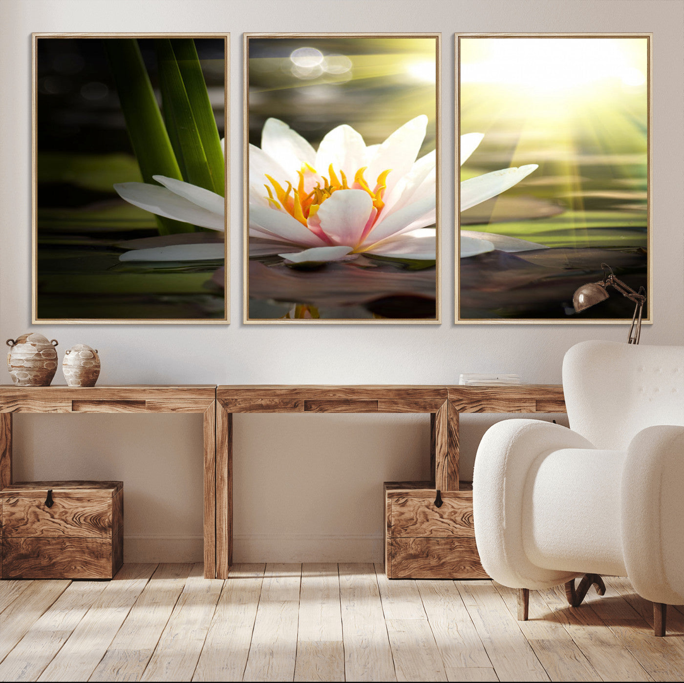 40478-MGV-CV-36X24-Water Lily Wall Art – White Lotus Flower Canvas Print with Sunlight Reflection, Serene Botanical Artwork for Living Room, Bedroom,