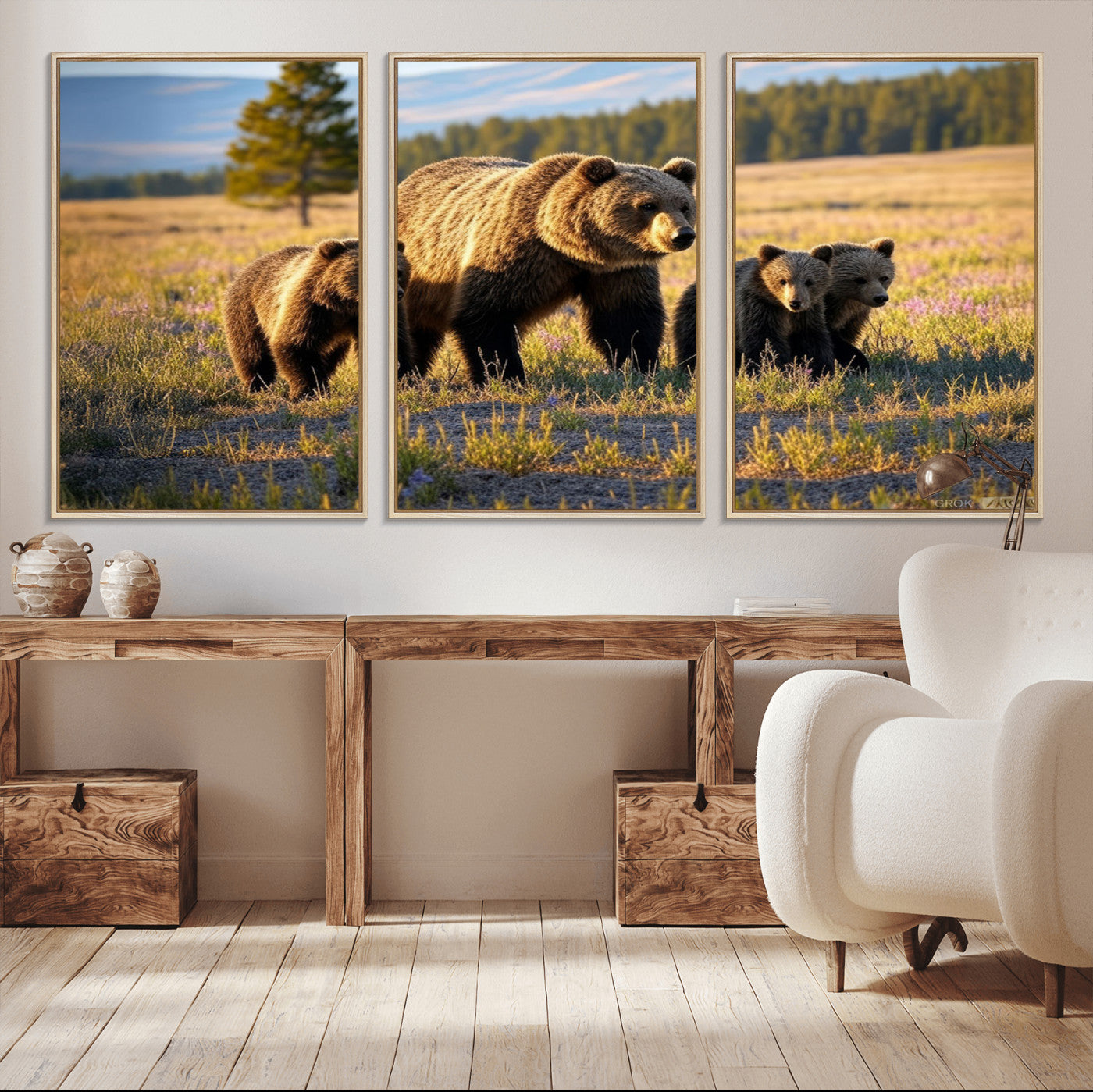 43400-MGV-CV-36X24-Bear Family Wall Art – Wildlife Canvas Print of Mother Bear with Cubs in Sunlit Meadow, Rustic Animal Artwork for Living Room,