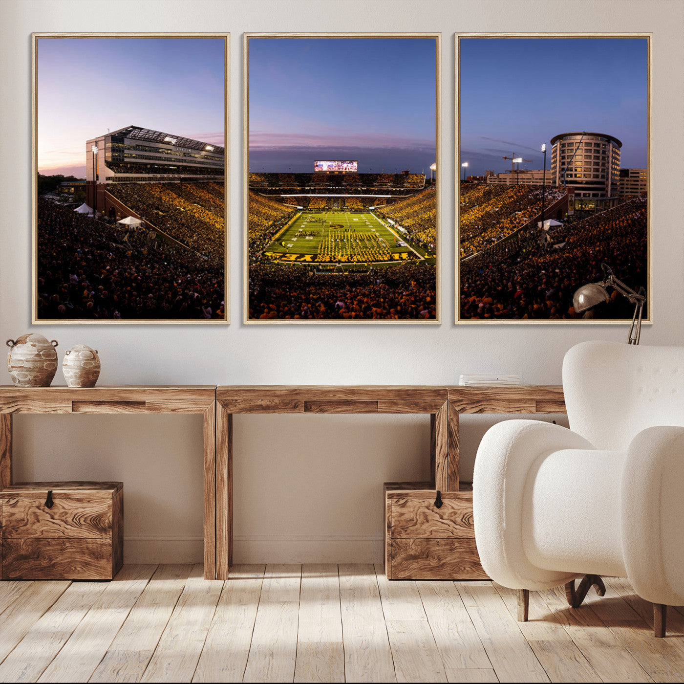 82557-MGV-CV-36X24-College Football Stadium Wall Art – Panoramic Sunset Canvas Print with Marching Band and Game Day Crowd, Sports Artwork for Man