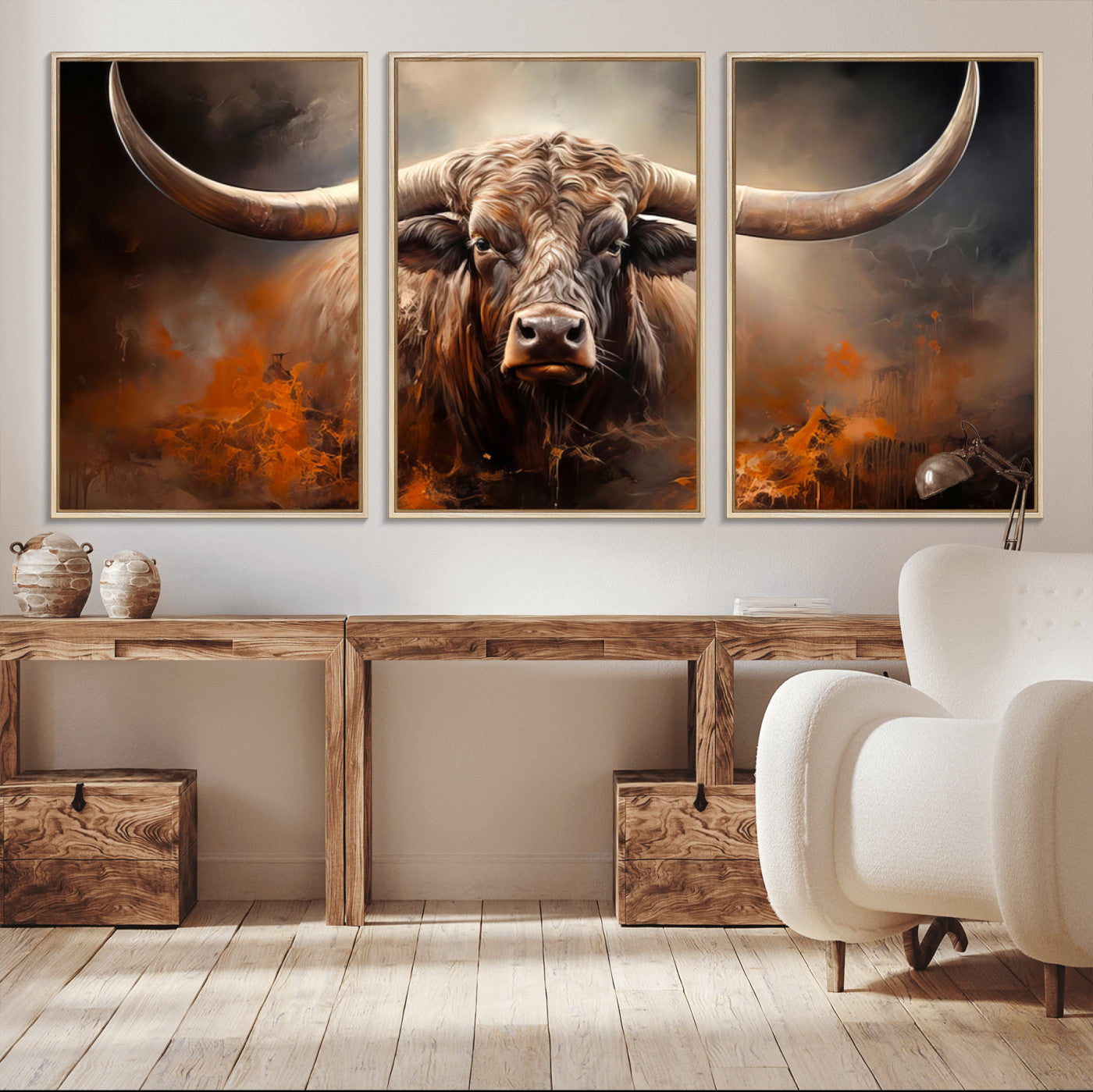 240479-MGV-CV-36X24-Longhorn Bull Wall Art – Dramatic Western Canvas Print Featuring Horned Bull with Fiery Background, Rustic Farmhouse Artwork for