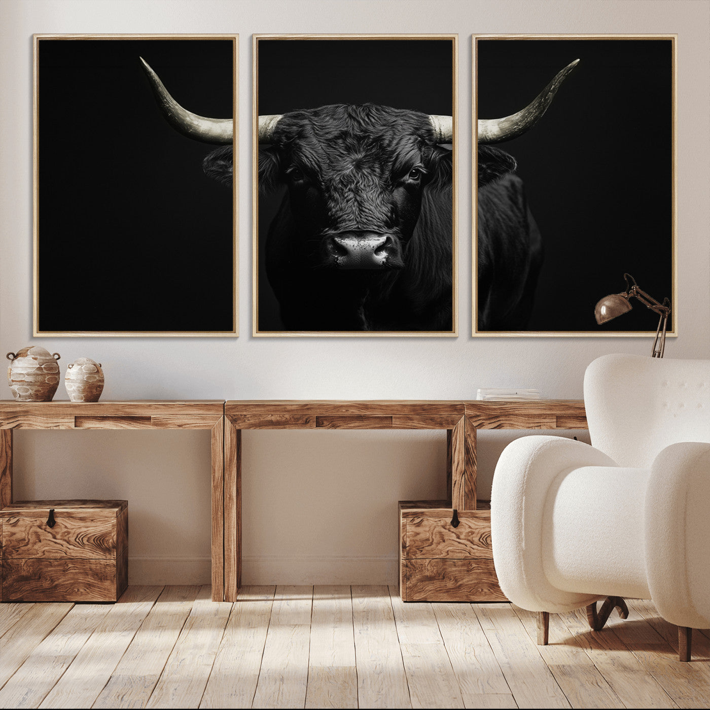 97914921-MGV-CV-36X24-Black Bull Wall Art Canvas Print, Framed Longhorn Bull Art Picture Print, Western Bull Perfect Monochrome Western Decor Artwork