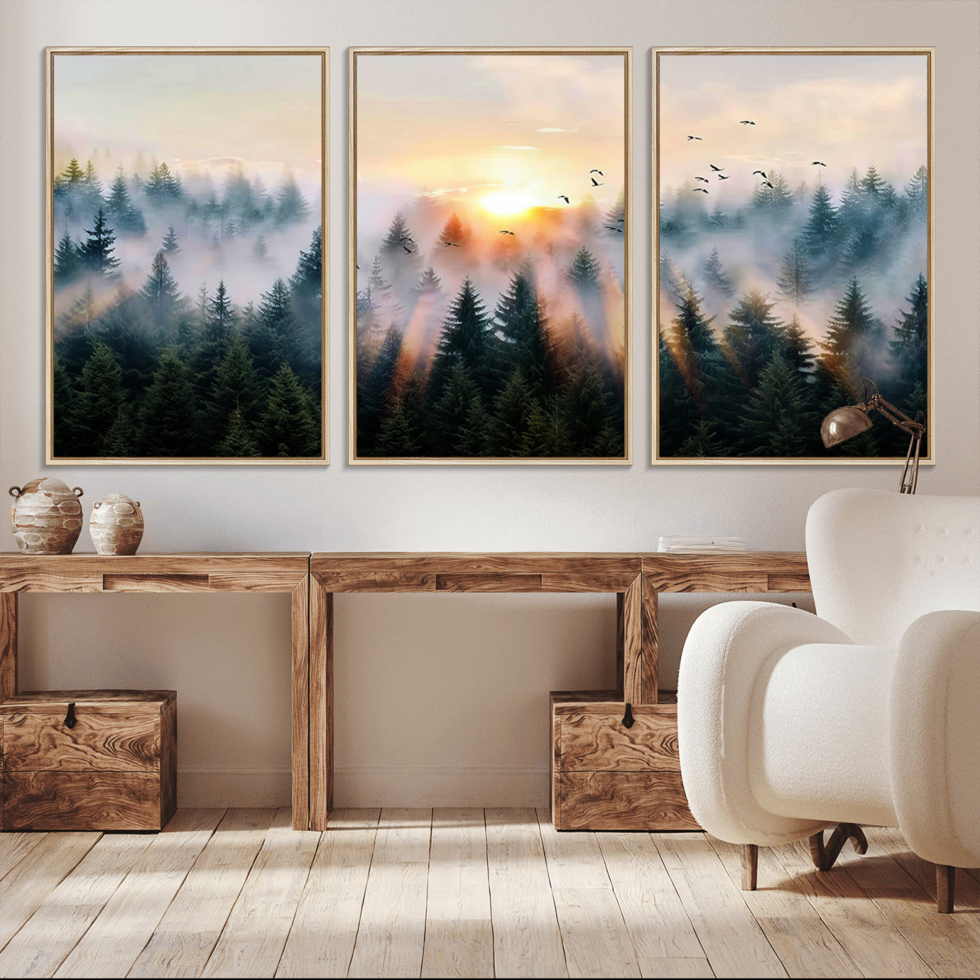 56391411-MGV-CV-36X24-Misty Forest Wall Art Canvas Print, Framed Sunrise Pines Art Picture Print, Moody Pines Perfect Serene Woodland Decor Artwork