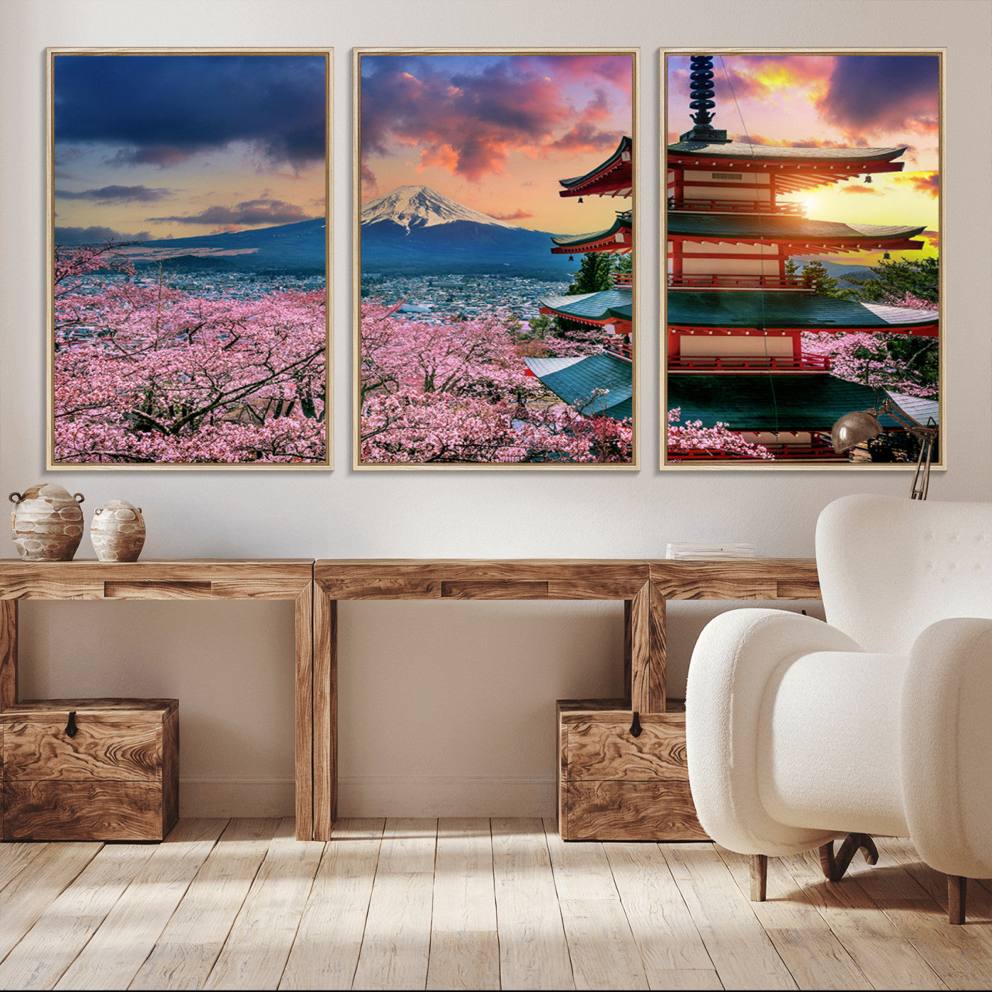 32331262-MGV-CV-36X24-Mount Fuji Japan Wall Art – Cherry Blossom Landscape Canvas Print, Chureito Pagoda Sunset Photography, Japanese Nature Travel