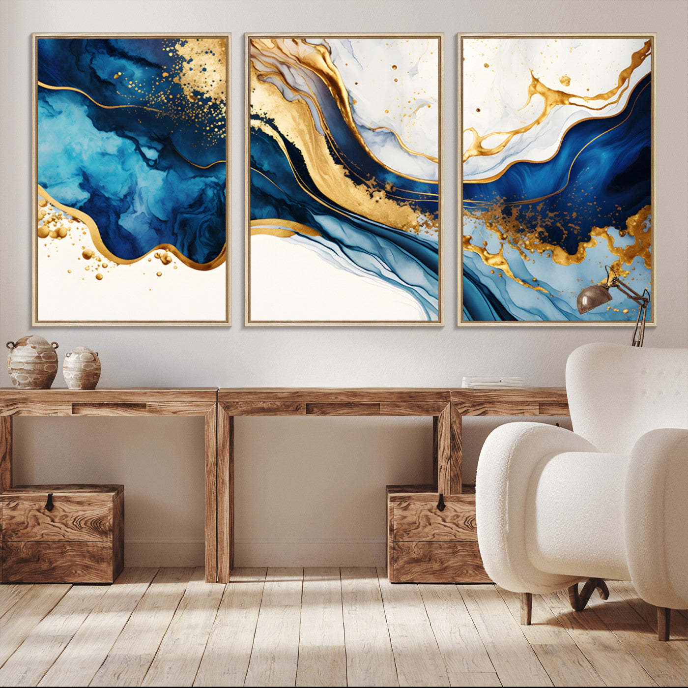 60283636-MGV-FC-60X30-3P_Natural-Blue Gold Flow Wall Art Canvas Print, Framed Marble Texture Art Picture Print, Elegant Splash Perfect Elegant Abstract Decor
