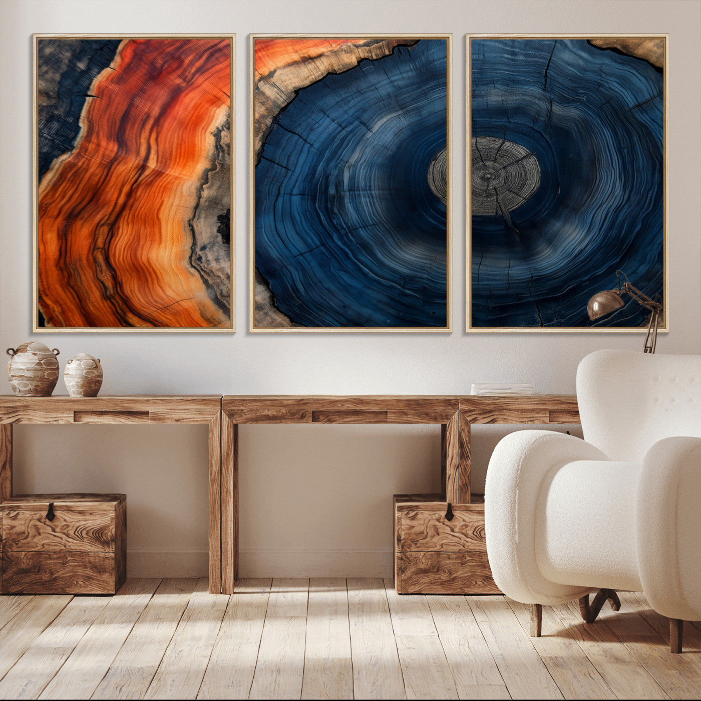 99491700-MGV-CV-36X24-Tree Ring Canvas Wall Art – Blue Orange Abstract Wood Grain Print, Rustic Modern Nature Artwork for Living Room, Office, Bedroom