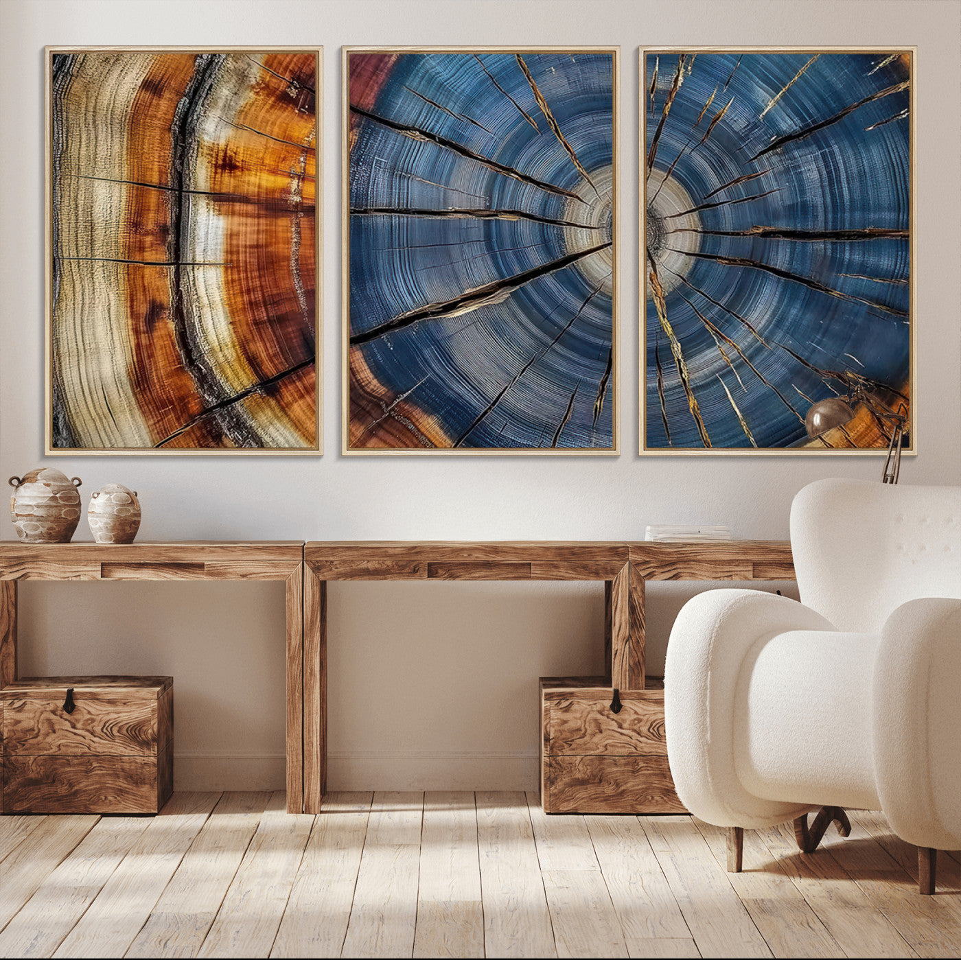 82059233-MGV-CV-36X24-Rustic Tree Ring Wall Art – Natural Wood Texture Canvas Print, Framed Abstract Tree Stump for Farmhouse, Log Cabin, Wooden House