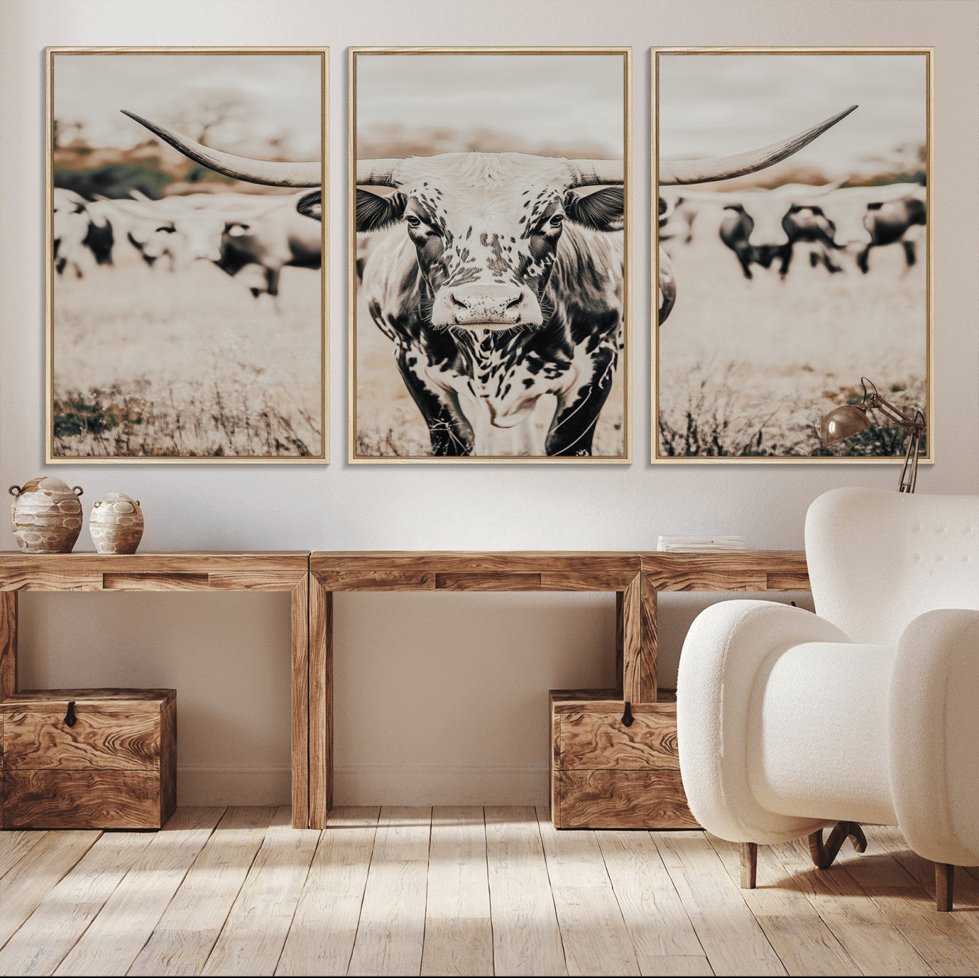 27497342-MGV-CV-36X24-Texas Longhorn Wall Art Canvas Print, Framed Speckled Cow Art Picture Print, Horned Cattle Perfect Rustic Western Decor Artwork