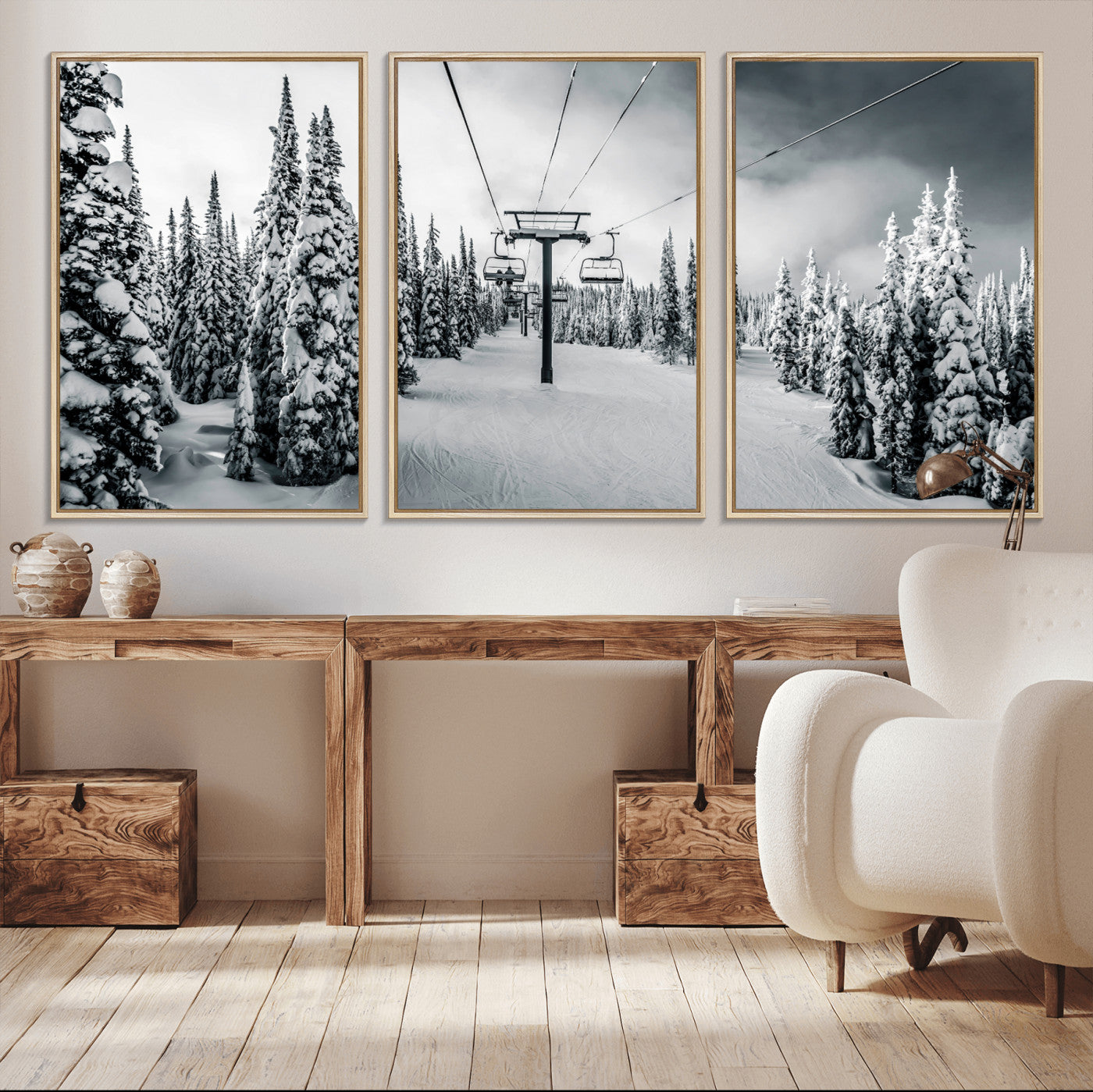 31156828-MGV-CV-36X24-Snowy Pines Wall Art Canvas Print, Framed Ski Lift Art Picture Print, Winter Forest Perfect Moody Lodge Decor Artwork