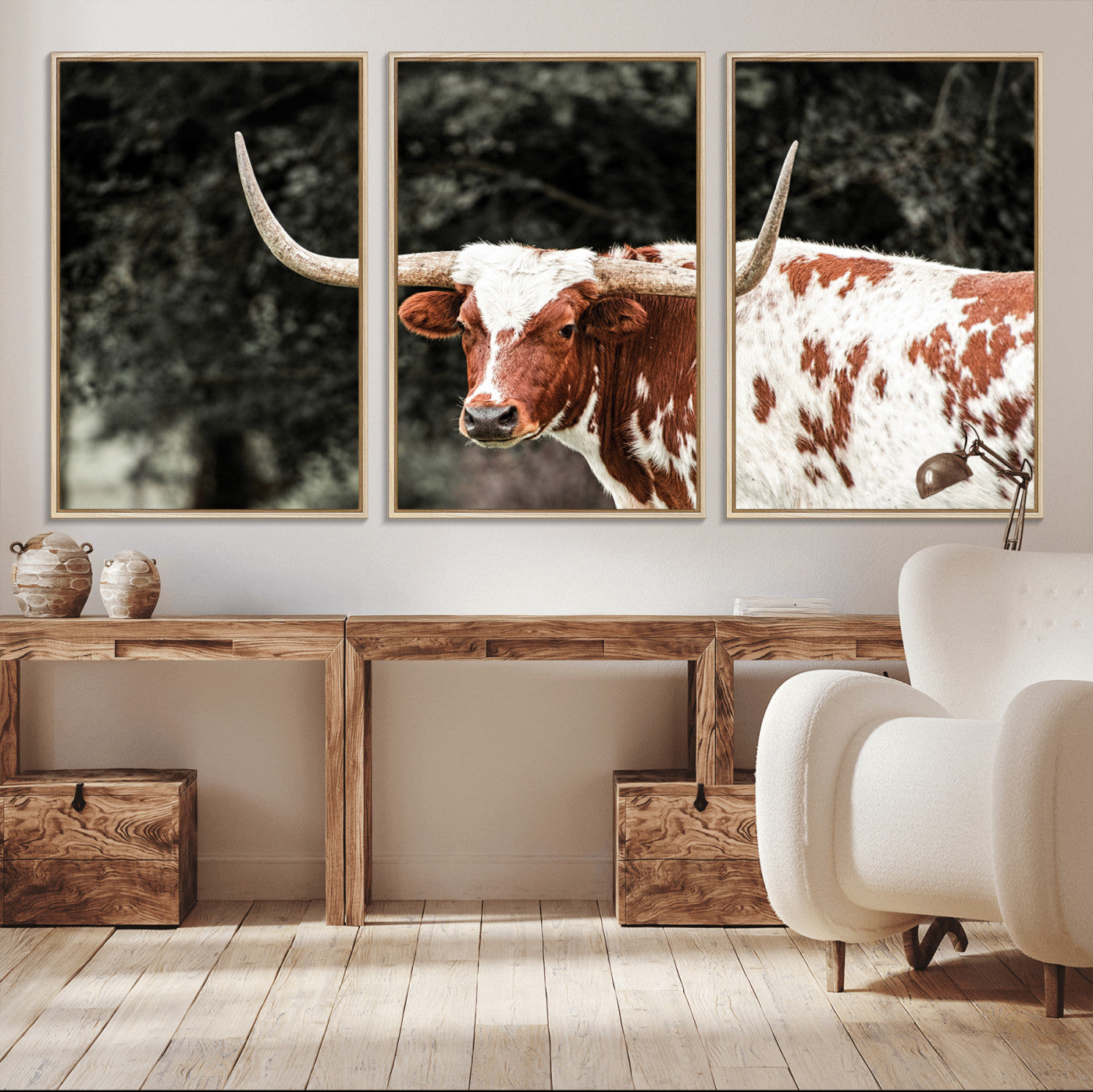 54027638-MGV-CV-36X24-Texas Longhorn Wall Art Canvas Print, Framed Spotted Cow Art Picture Print, Horned Bull Perfect Rustic Western Decor Artwork