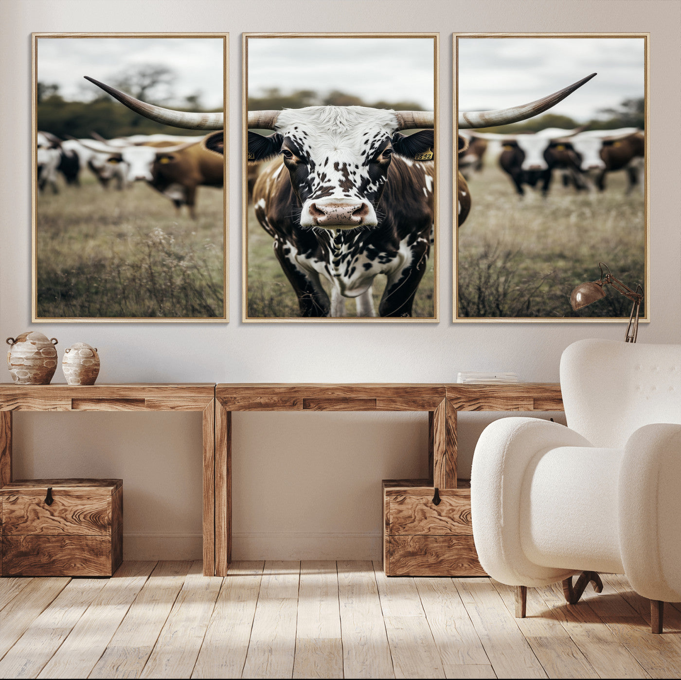 79025945-MGV-FC-60X30-3P_Natural-Texas Longhorn Wall Art Canvas Print, Framed Speckled Cow Art Picture Print, Horned Cattle Perfect Rustic Western Decor Artwork