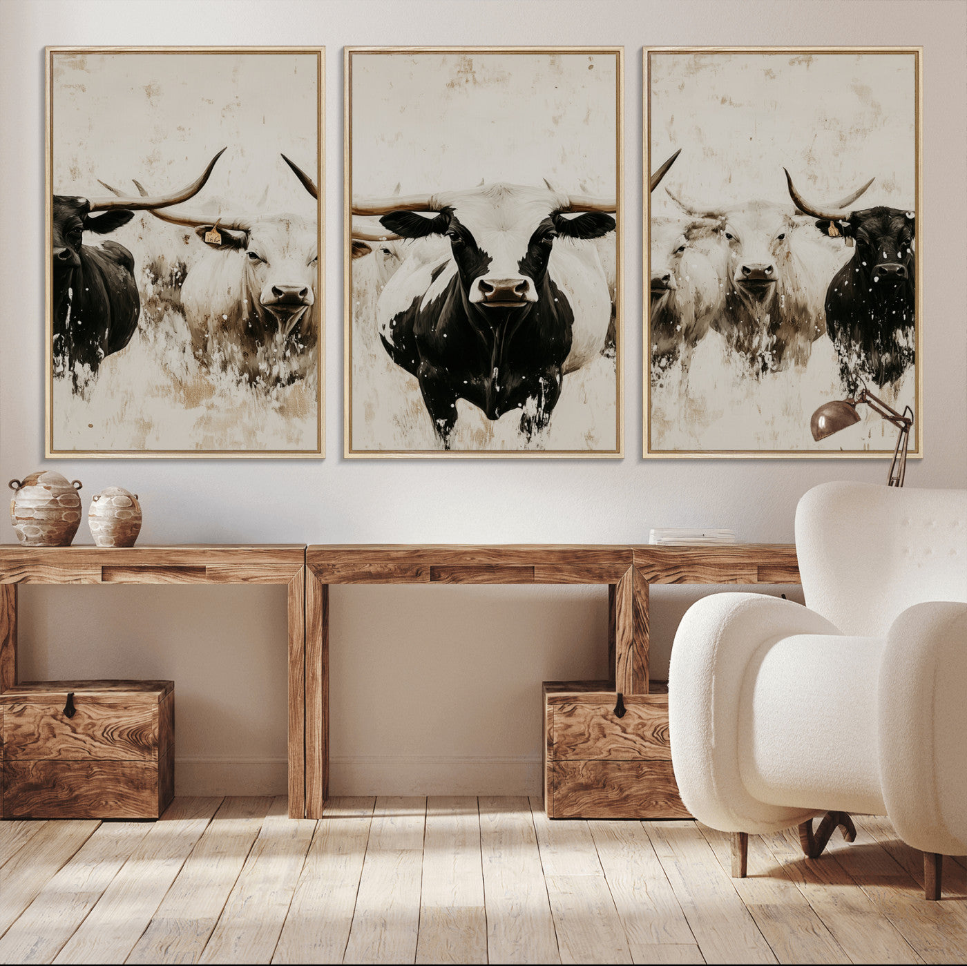 12027562-MGV-CV-36X24-Longhorn Cattle Wall Art Canvas Print, Framed Bison Herd Art Picture Print, Cattle Group Perfect Rustic Farmhouse Decor Artwork
