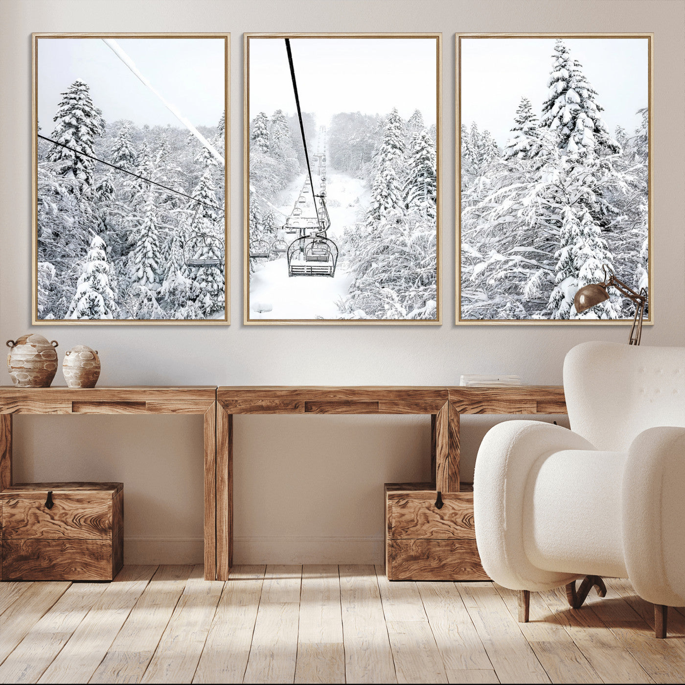 60296839-MGV-CV-36X24-Snowy Mountains Wall Art Canvas Print, Framed Ski Lift Art Picture Print, Winter Forest Perfect Winter Minimalist Decor Artwork