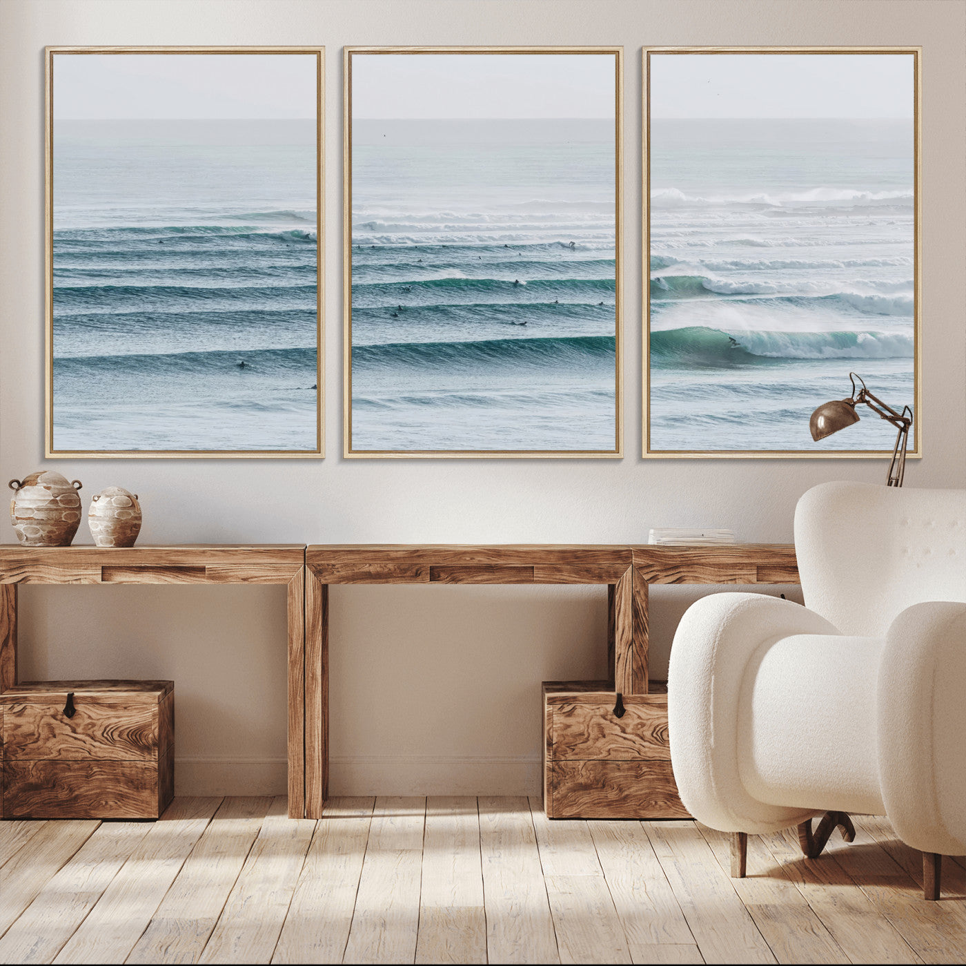 73969318-MGV-CV-36X24-Ocean Waves Wall Art Canvas Print, Framed Surfer Lineup Art Picture Print, Crowded Ocean Perfect Minimal Coastal Decor Artwork