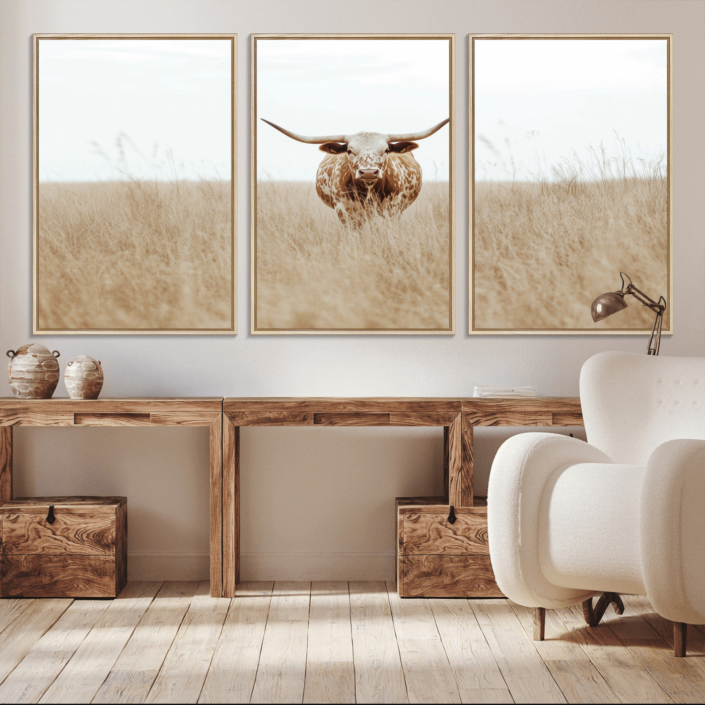 20927060-MGV-CV-36X24-Texas Longhorn Wall Art Canvas Print, Framed Lone Cattle Art Picture Print, Longhorn Bull Perfect Rustic Western Decor Artwork