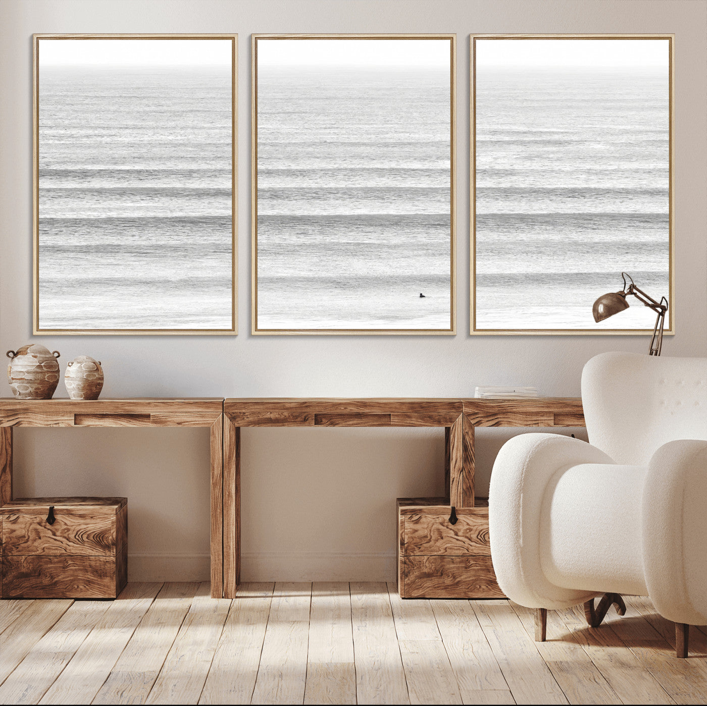 66534476-MGV-CV-36X24-Lone Surfer Wall Art Canvas Print, Framed Ocean Waves Art Picture Print, Minimal Sea Perfect Minimal Coastal Decor Artwork