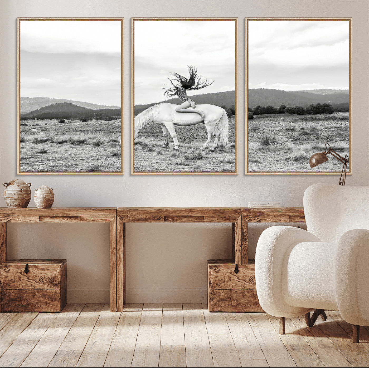 62789800-MGV-CV-36X24-White Horse Wall Art Canvas Print, Framed Woman Rider Art Picture Print, Equestrian Pose Perfect Western Boho Decor Artwork