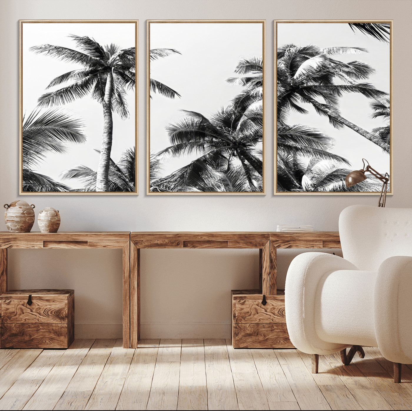 46641801-MGV-CV-36X24-Palm Tree Wall Art Canvas Print, Framed Black White Tropics Art Picture Print, Monochrome Palms Perfect Modern Tropical Minimalist