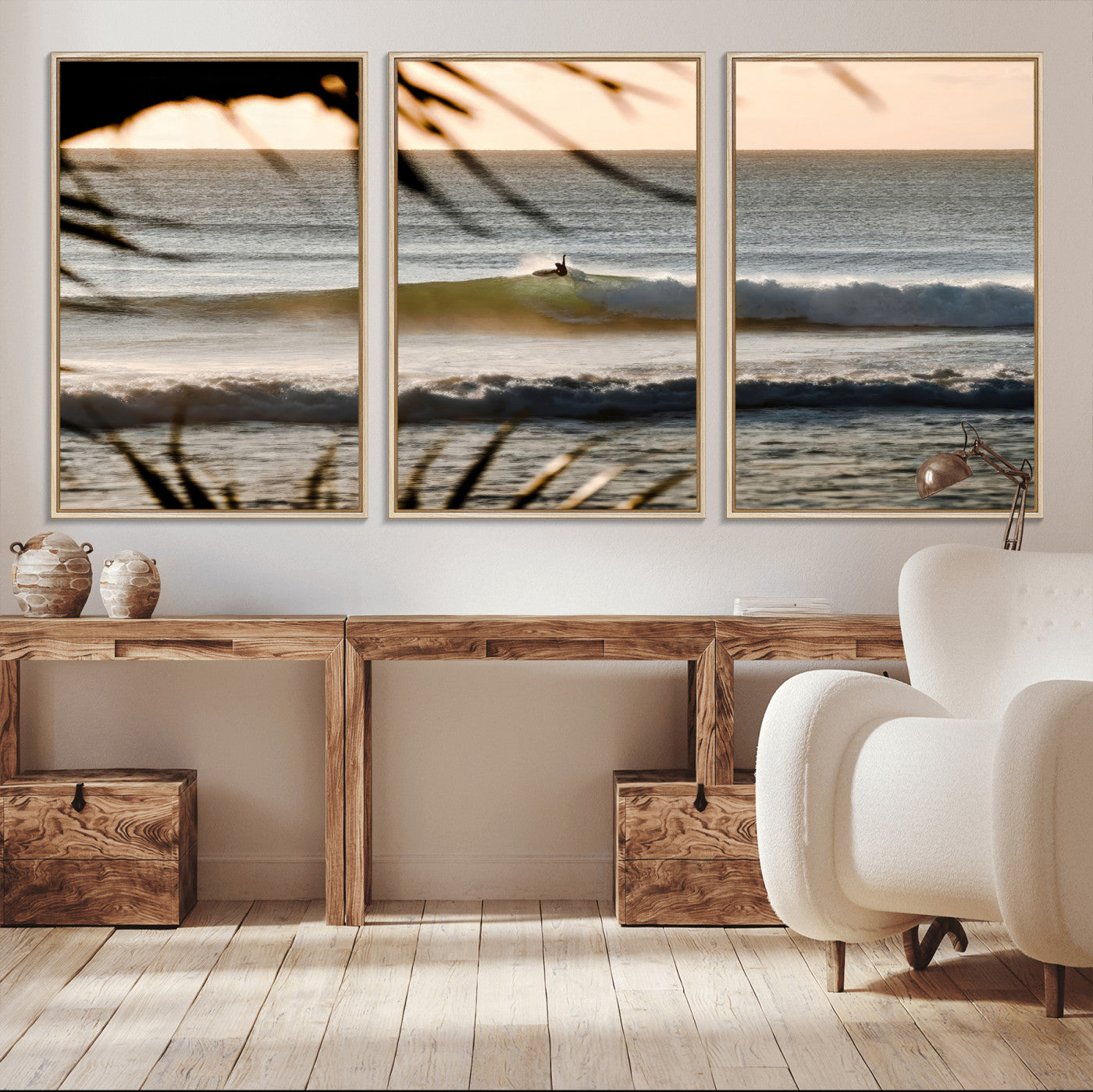 24896468-MGV-CV-36X24-Sunset Surf Wall Art Canvas Print, Framed Golden Waves Art Picture Print, Tropical Ocean Perfect Tropical Boho Decor Artwork