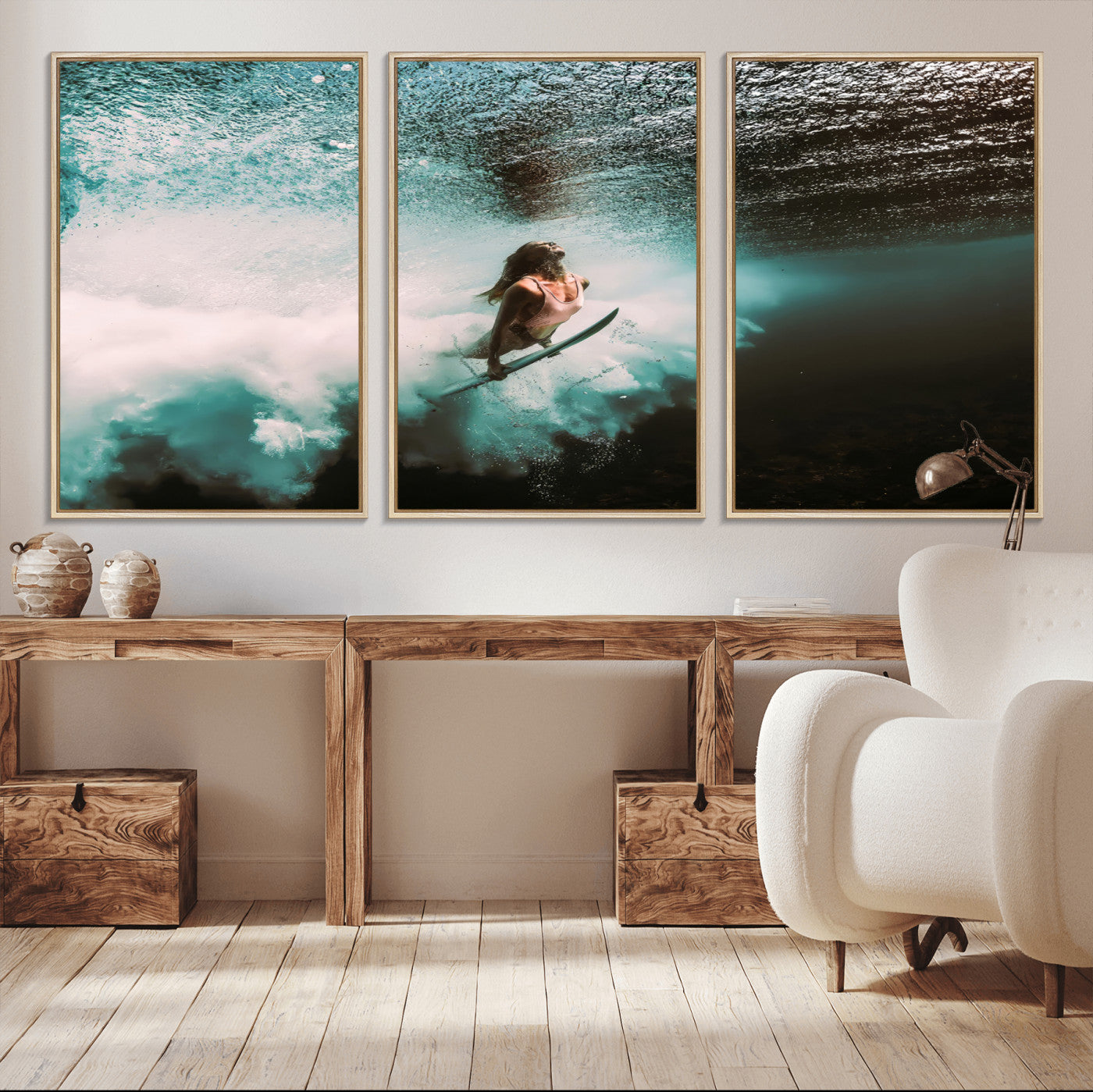 85923512-MGV-CV-36X24-Aquatic Motion Wall Art Canvas Print, Framed Underwater Swimming Art Picture Print, Female Surfer Diving Perfect Coastal Boho
