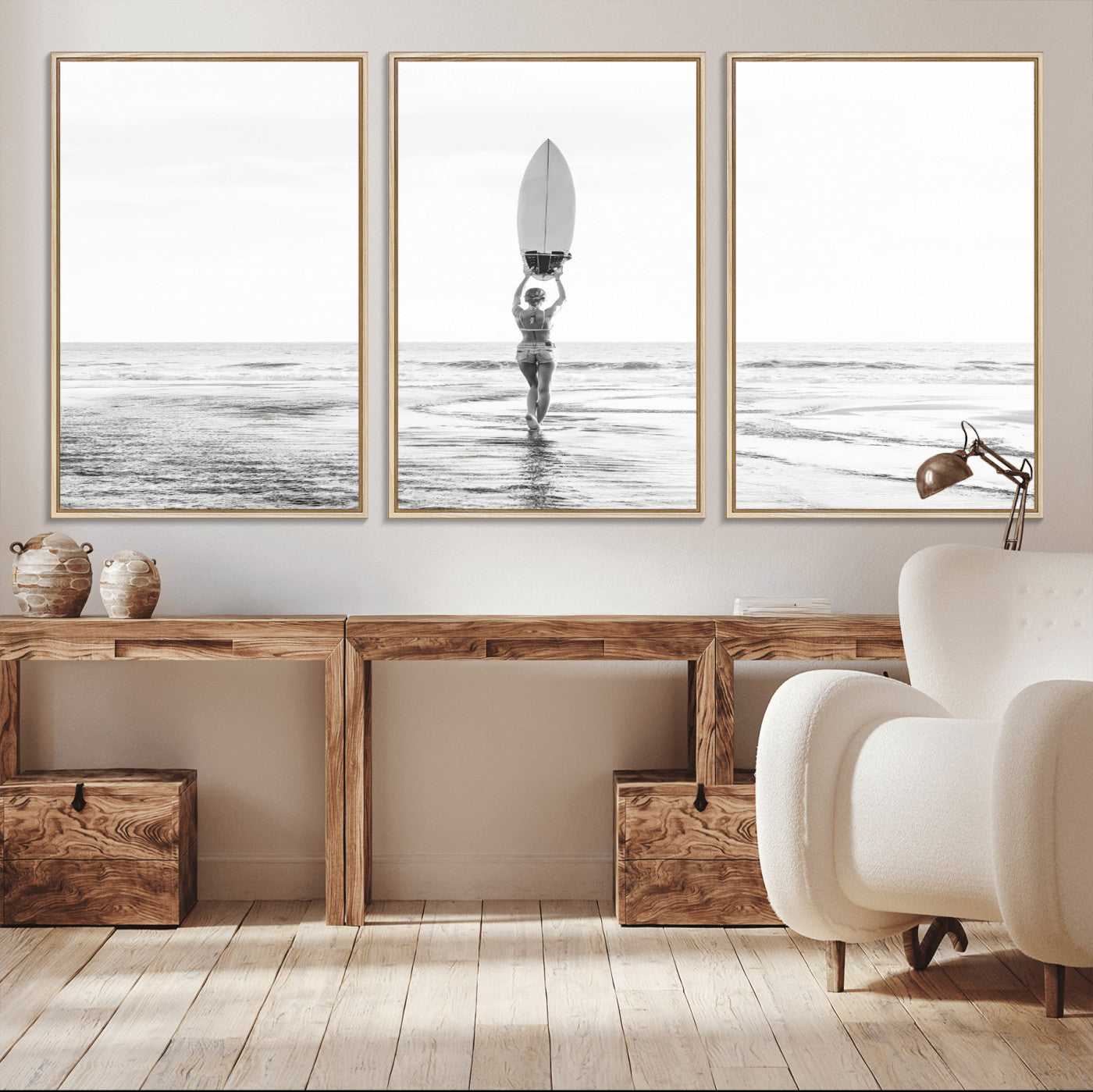 98446901-MGV-FC-60X30-3P_Natural-Monochrome Surf Wall Art Canvas Print, Framed Minimalist Surfer Art Picture Print, Surfboard Silhouette Perfect Coastal Minimalist