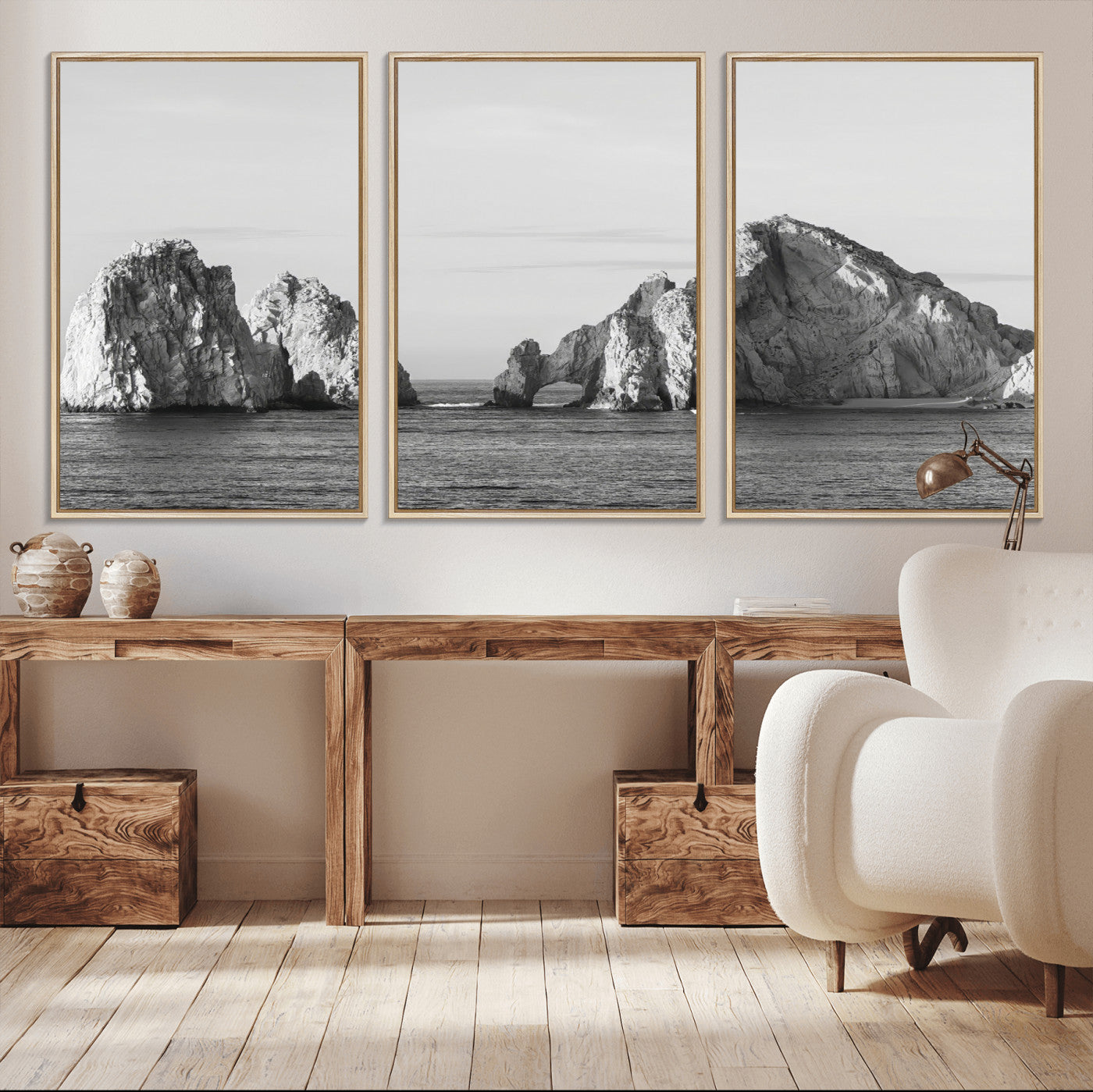 18810731-MGV-CV-36X24-Rugged Coastline Wall Art Canvas Print, Framed Ocean Cliffs Art Picture Print, Monochrome Seascape Perfect Coastal Minimalist