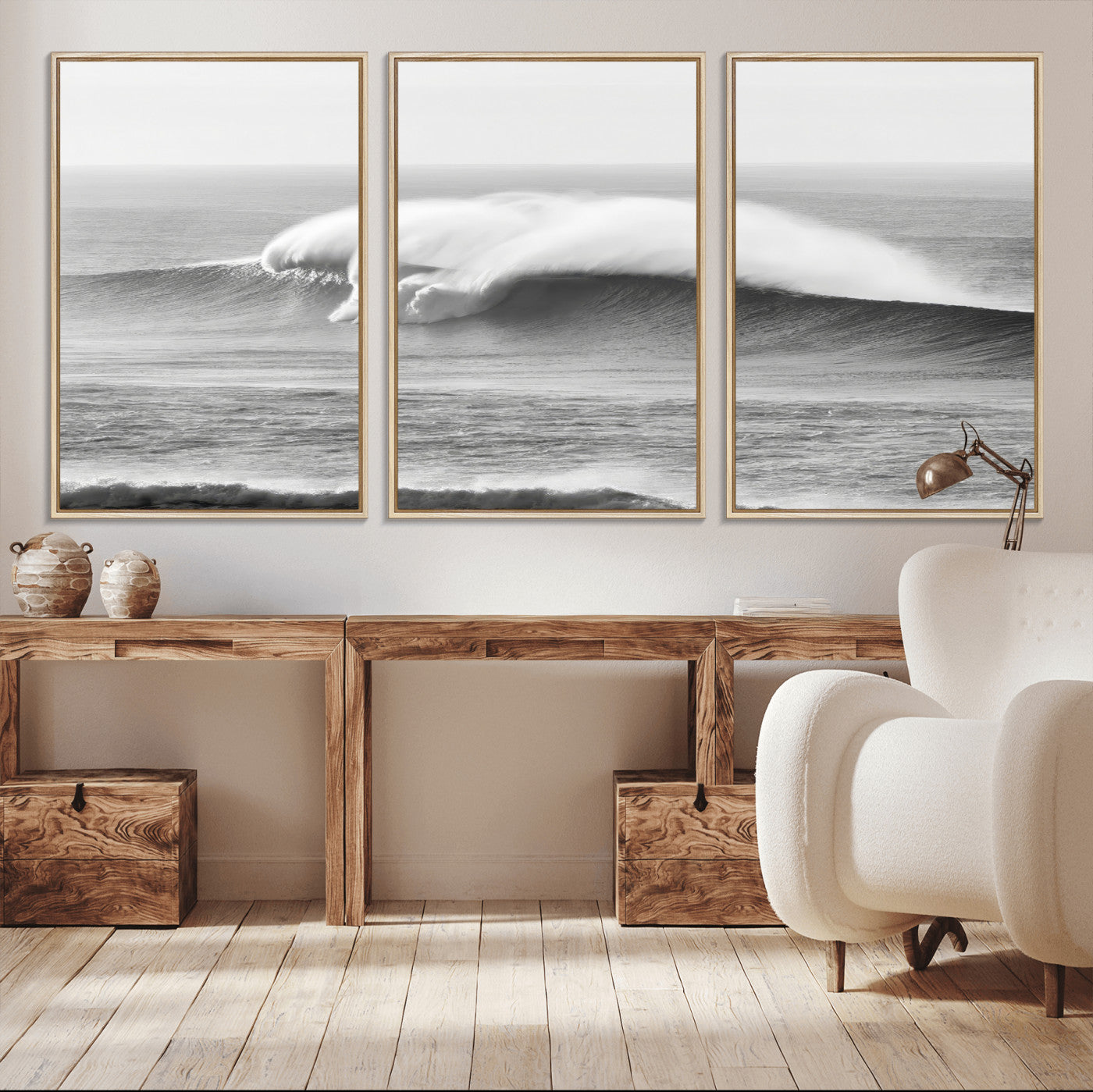 42544082-MGV-CV-36X24-Monochrome Seascape Wall Art Canvas Print, Framed Surf Wave Art Picture Print, Minimalist Ocean Perfect Moody Coastal Decor