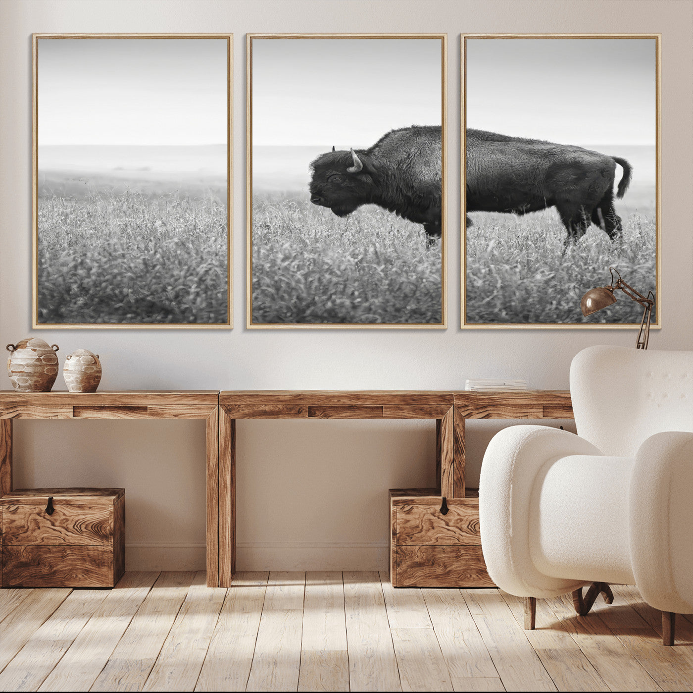 28435251-MGV-CV-36X24-Bison In Prairie Wall Art Canvas Print, Framed Rustic Wildlife Art Picture Print, Wild Buffalo Perfect Rustic Western Decor