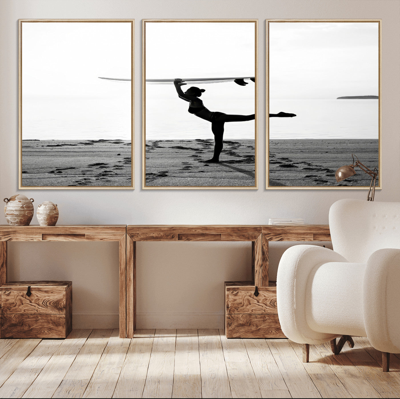 28441356-MGV-CV-36X24-Yoga Surf Wall Art Canvas Print, Framed Black White Shore Art Picture Print, Peaceful Ocean Perfect Minimalist Coastal Decor