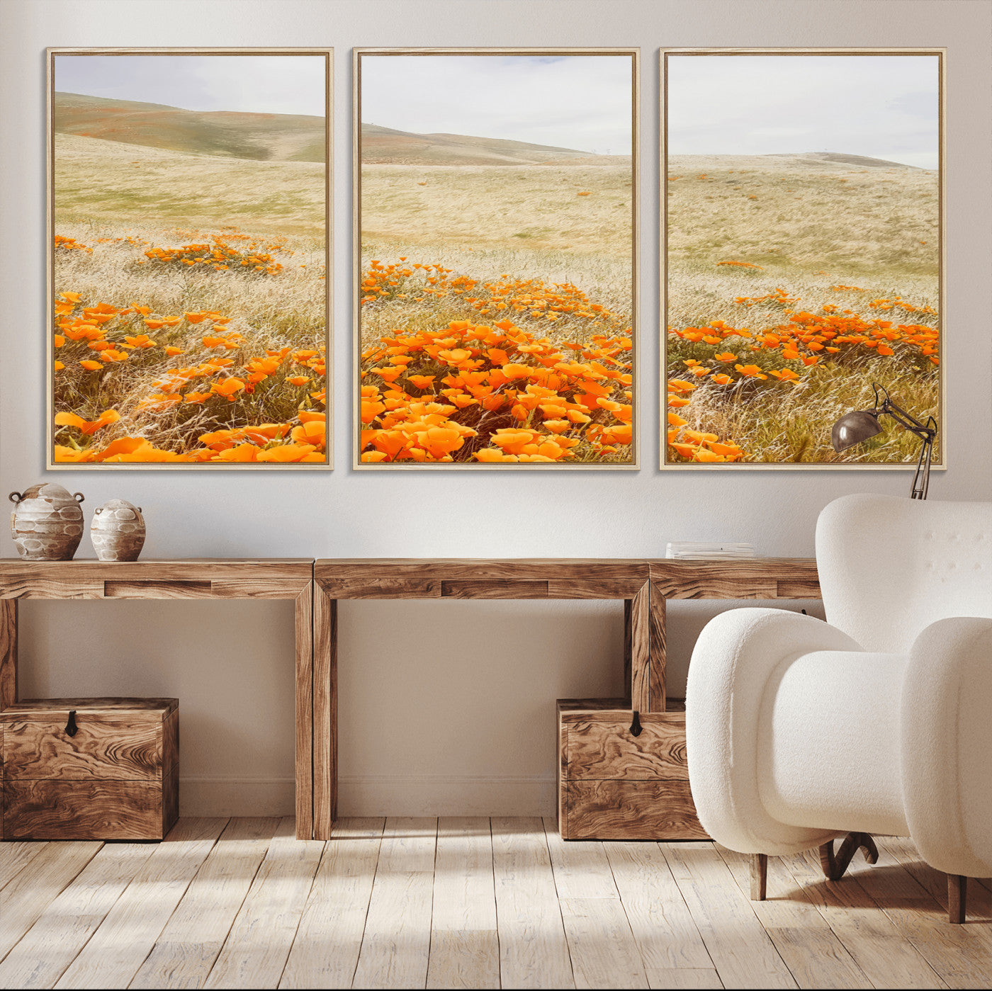 28972262-MGV-CV-36X24-Golden Wildflowers Wall Art Canvas Print, Framed Hills Bloom Art Picture Print, Poppy Meadow Perfect Rustic Nature Decor Artwork