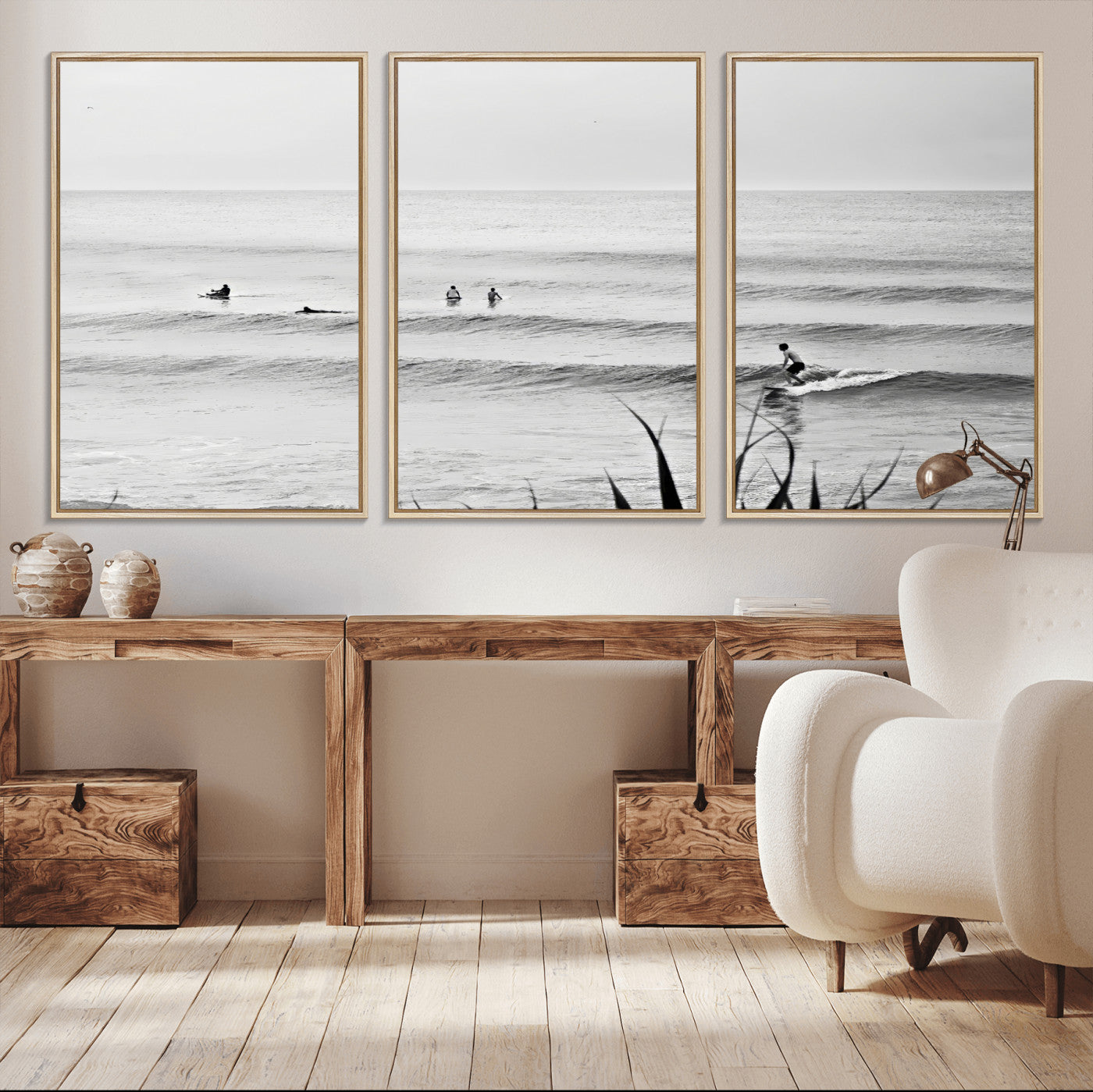 33821421-MGV-CV-36X24-Surfer Silhouette Wall Art Canvas Print, Framed Calm Ocean Art Picture Print, Monochrome Surf Perfect Minimalist Coastal Decor