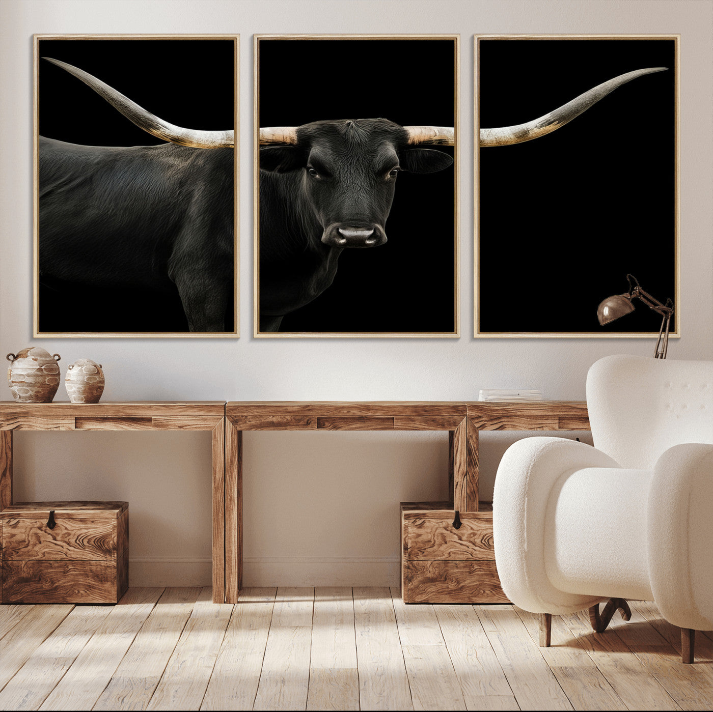 99448328-MGV-CV-36X24-Longhorn Cattle Wall Art Canvas Print, Framed Texas Ranch Art Picture Print, Western Cow Perfect Farmhouse Decor Artwork