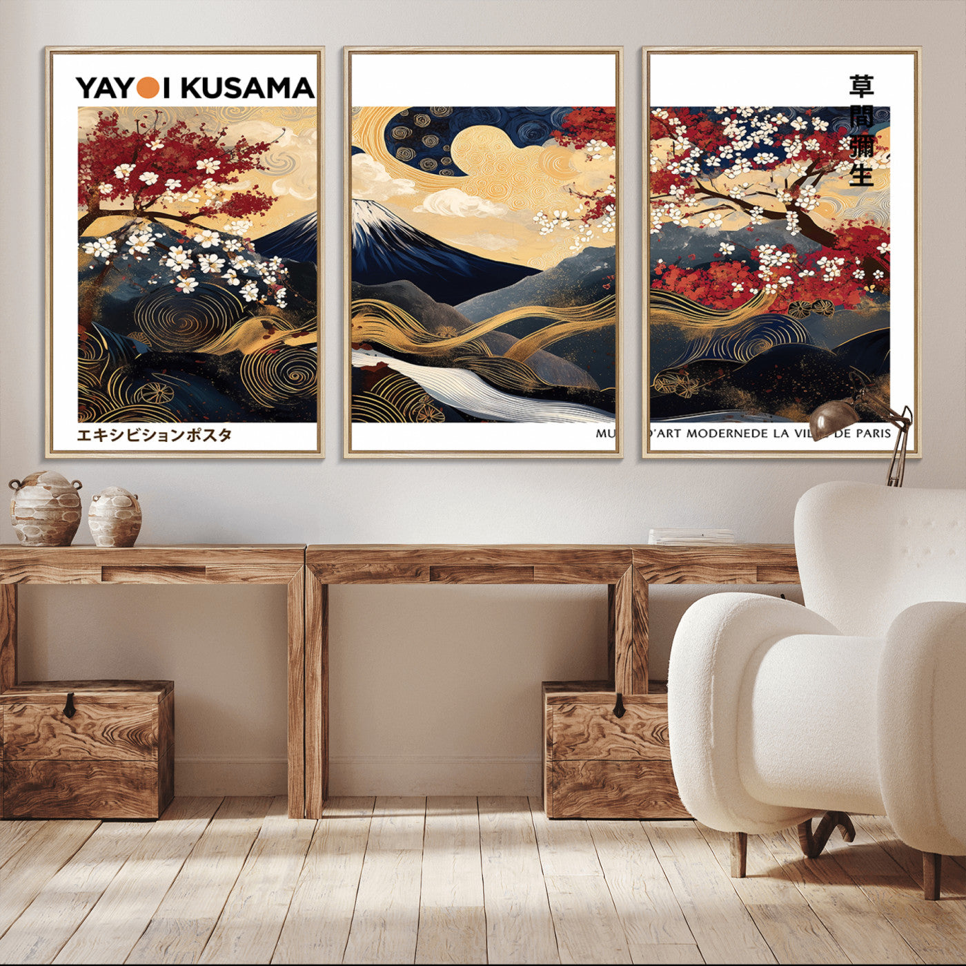 66243961-MGV-CV-36X24-Mount Fuji Japanese Wall Art – Golden Abstract Landscape Canvas Print, Cherry Blossom Painting, Modern Oriental Zen Home Decor
