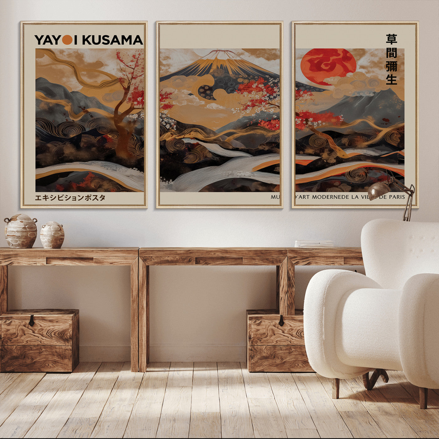 77970791-MGV-CV-36X24-Mount Fuji Golden Abstract Wall Art – Japanese Landscape Canvas Poster, Cherry Blossom & Red Sun Painting, Elegant Zen Oriental