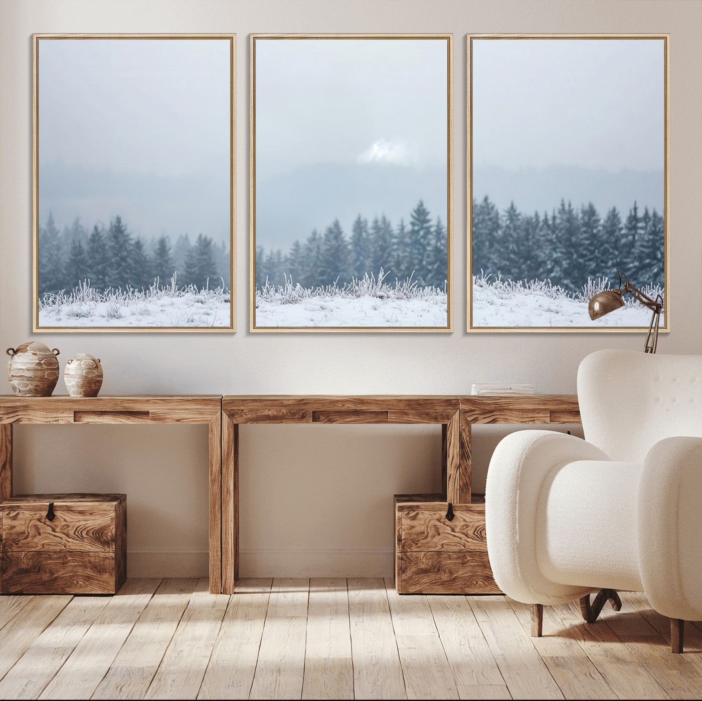 33033082-MGV-CV-36X24-Winter Forest Art Wall Art Canvas Print, Framed Snowy Landscape Art Picture Print, Misty Tree Scene Perfect Nordic Minimalist