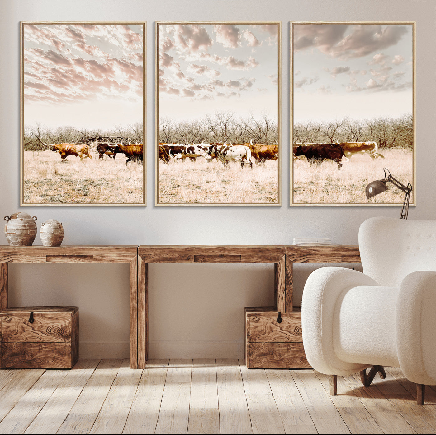 57389417-MGV-CV-36X24-Cow Herd Photography Wall Art Canvas Print, Framed Rustic Farmhouse Decor Art Picture Print, Western Ranch Style Perfect Rustic