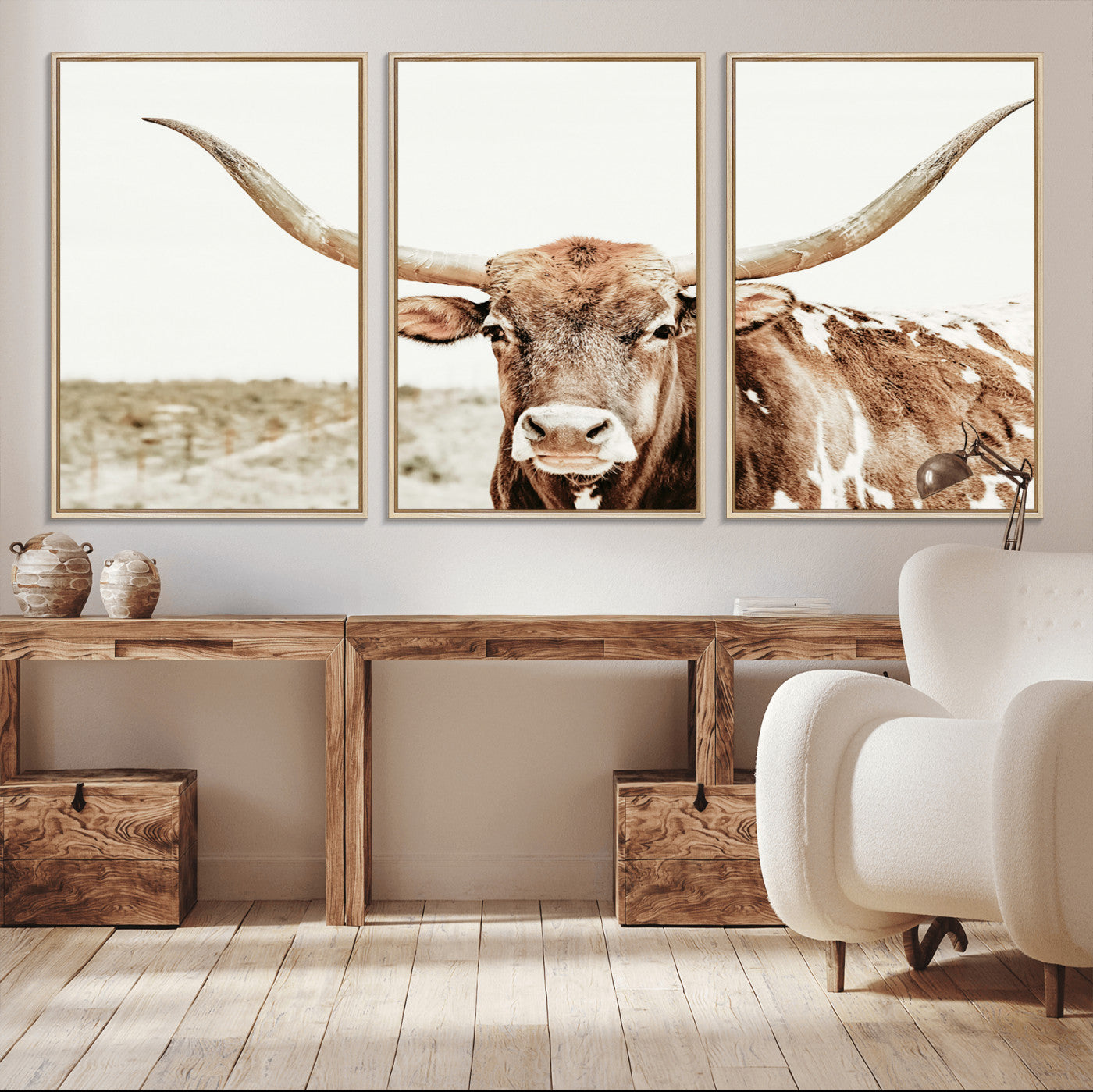 98924580-MGV-CV-36X24-Texas Longhorn Bull Wall Art Canvas Print, Framed Rustic Farmhouse Decor Art Picture Print, Western Animal Theme Perfect Rustic