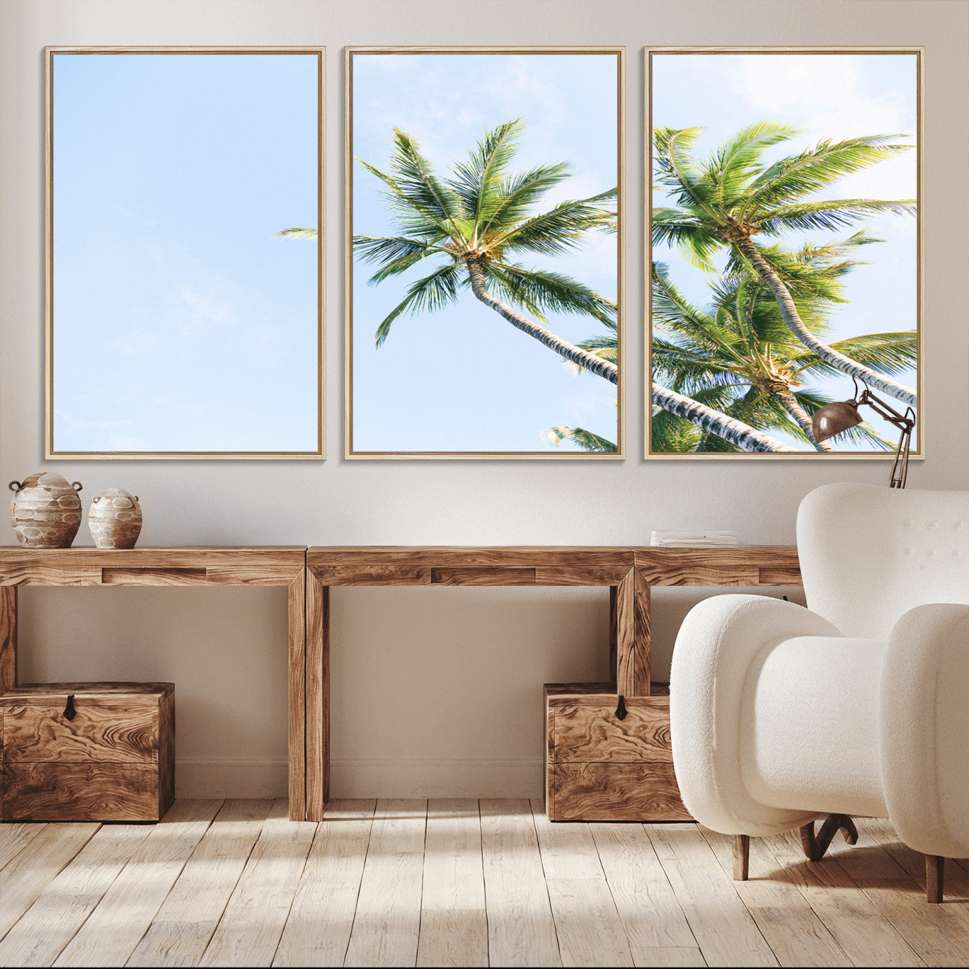 54719115-MGV-FC-60X30-3P_Natural-Palm Trees Wall Art Canvas Print, Framed Tropical Aesthetic Art Picture Print, Coastal Serenity Perfect Tropical Minimalist Decor