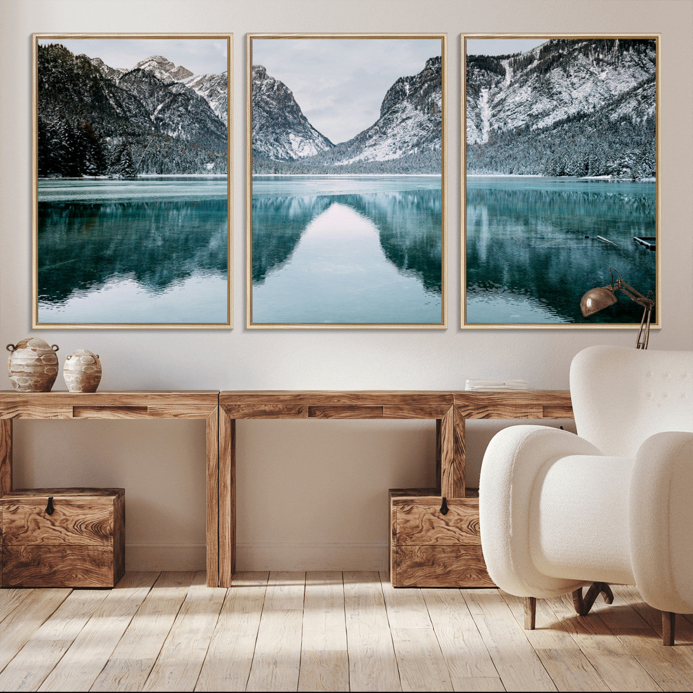 73098373-MGV-CV-36X24-Mountain Lake Wall Art Canvas Print, Framed Winter Wonderland Art Picture Print, Snowy Peaks Perfect Modern Nature Decor Artwork