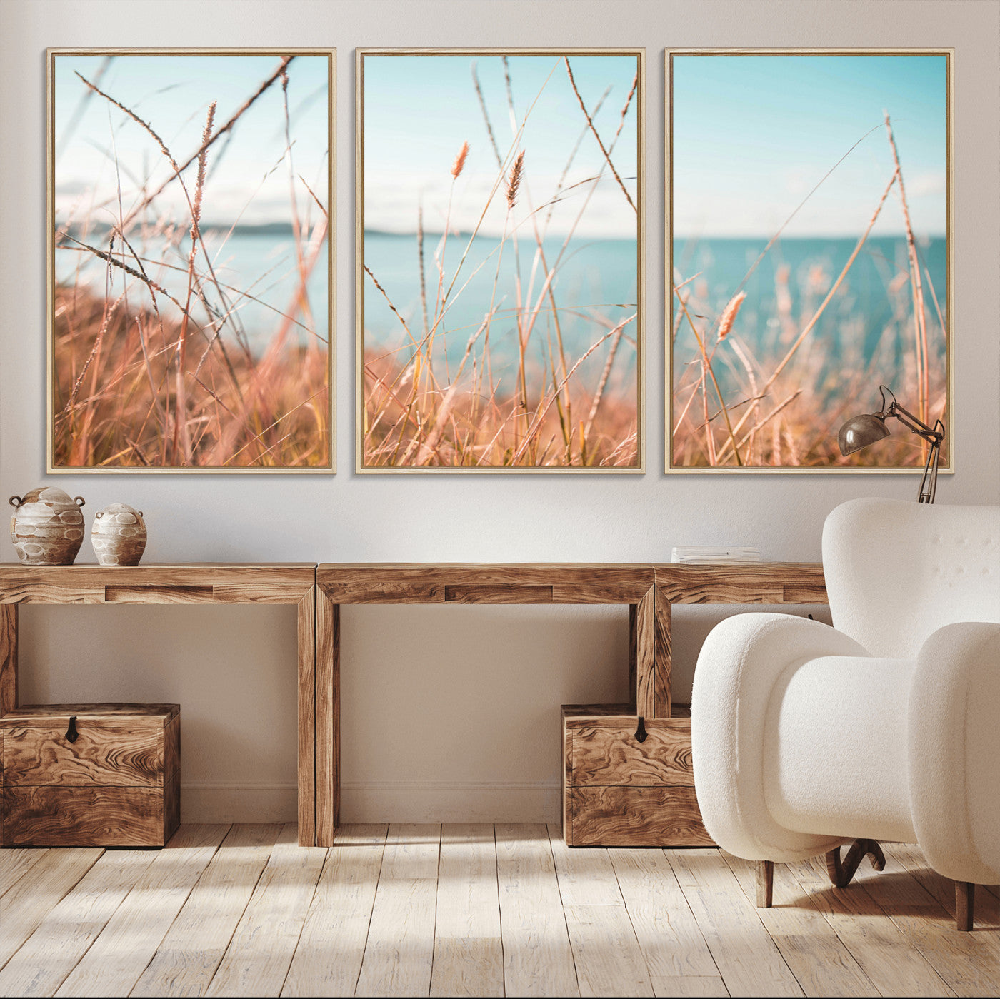 36108696-MGV-FC-60X30-3P_Natural-Coastal Grass Wall Art – Serene Ocean View Canvas Print, Beach Nature Photography Decor for Living Room, Bedroom, Office or Modern