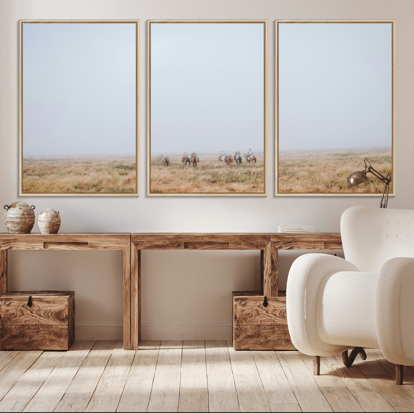 14761944-MGV-FC-60X30-3P_Natural-Foggy Plains Wall Art Canvas Print, Framed Horseback Riders Art Picture Print, Rustic Western Perfect Rustic Western Decor Artwork