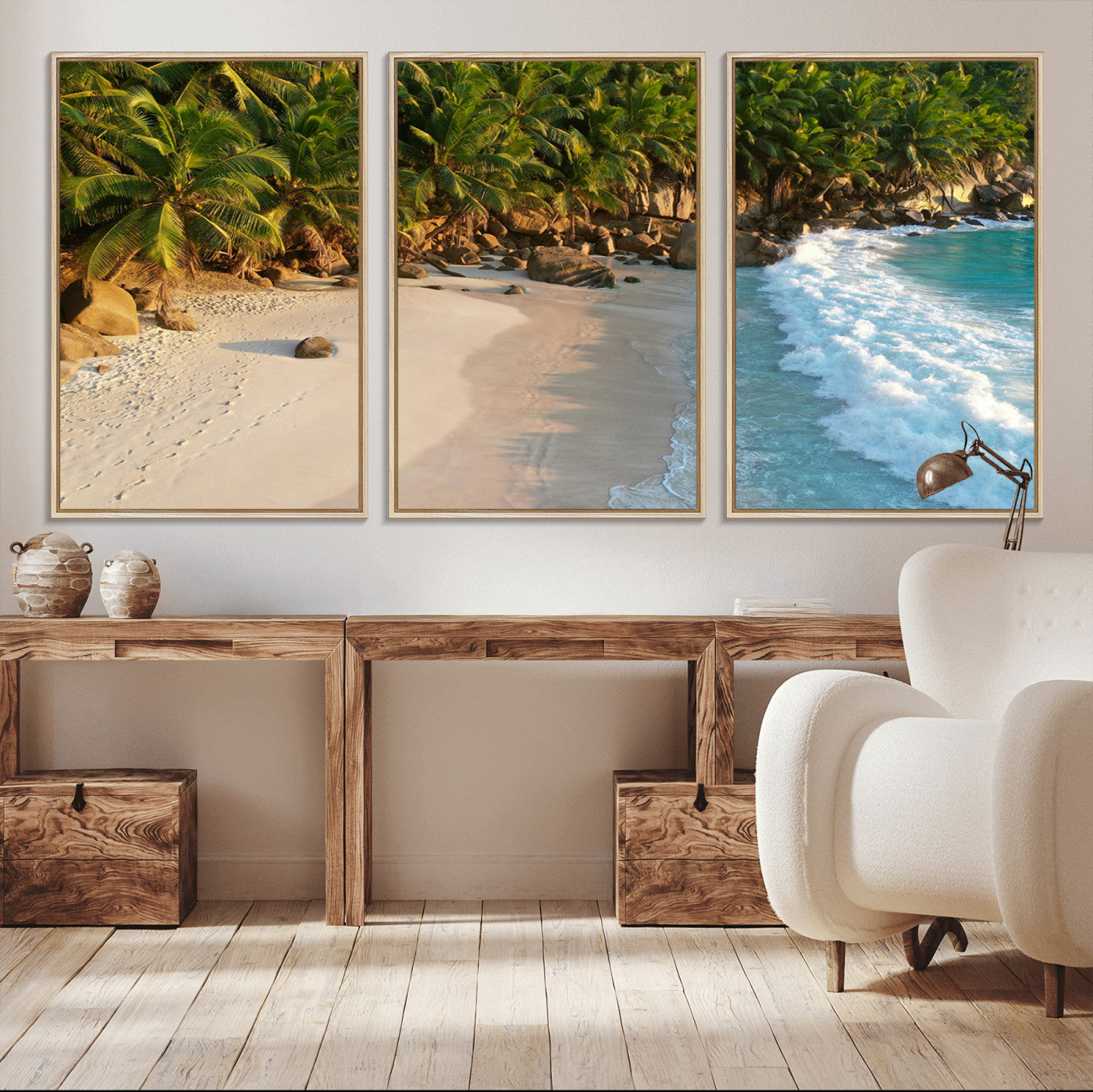 82312665-MGV-CV-36X24-Tropical Beach Wall Art Canvas Print, Framed Ocean Waves Art Picture Print, Palm Trees Perfect Coastal Minimalist Decor Artwork