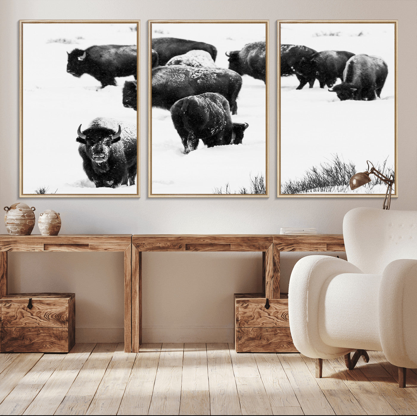 18914414-MGV-CV-36X24-Buffalo Herd Wall Art Canvas Print, Framed Black and White Art Picture Print, Snowy Landscape Perfect Rustic Lodge Decor Decor