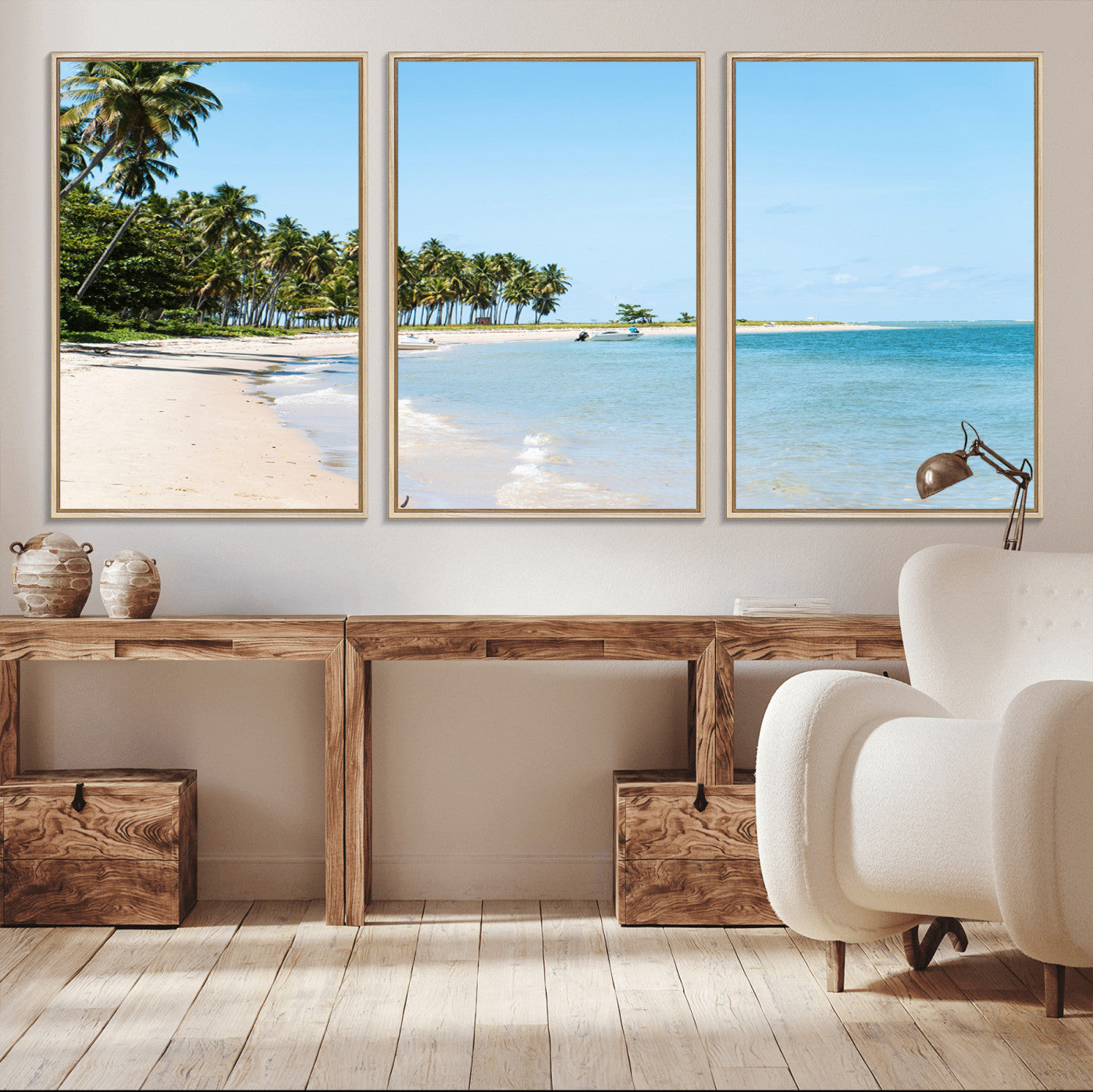 37858872-MGV-FC-60X30-3P_Natural-Palm Tree Coast Wall Art Canvas Print, Framed Island Getaway Art Picture Print, Crystal Blue Water Perfect Tropical Coastal Decor