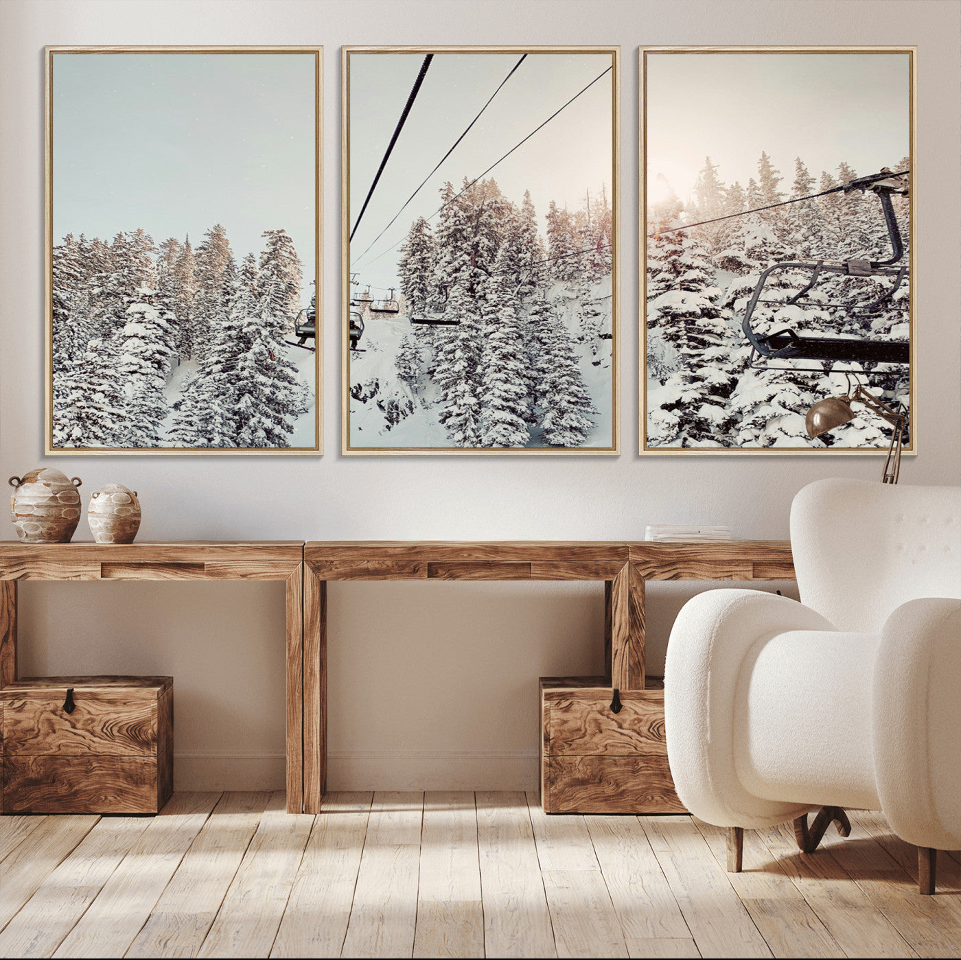 91534512-MGV-FC-60X30-3P_Natural-Frosty Pines Wall Art Canvas Print, Framed Cozy Cabin View Art Picture Print, Ski Lift Ride Perfect Rustic Lodge Decor Artwork