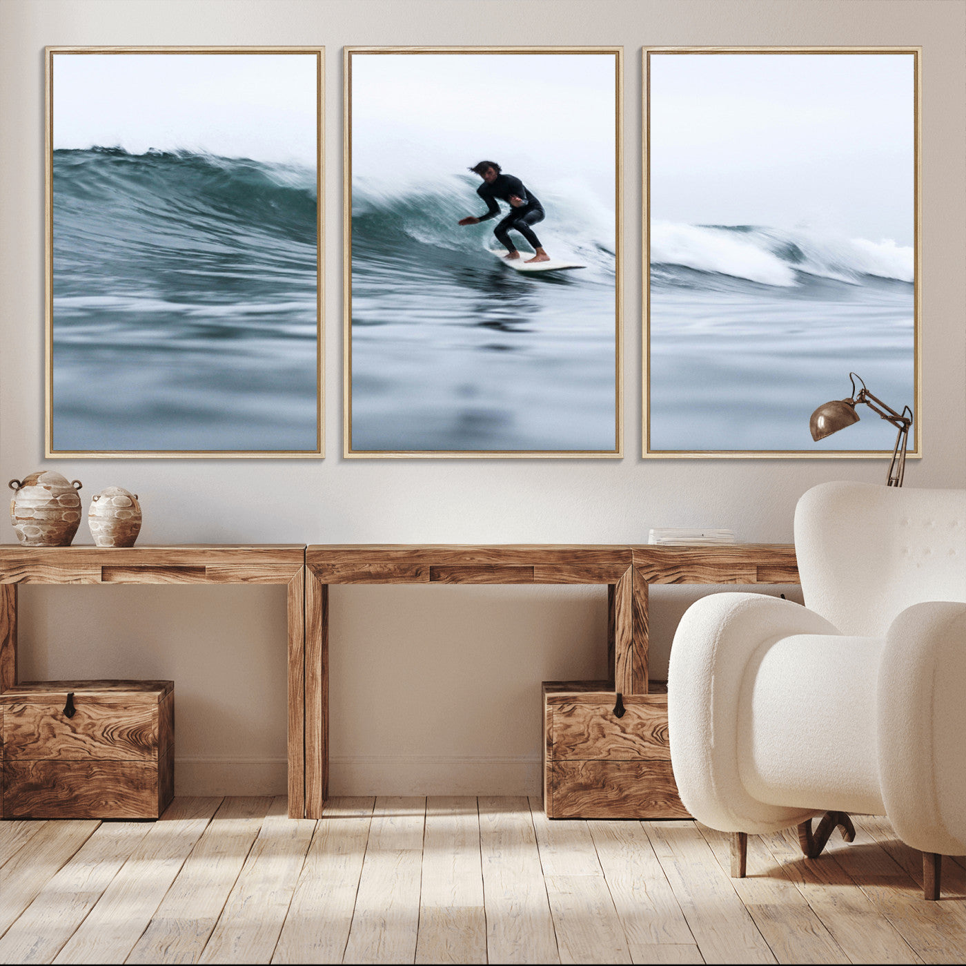 11693607-MGV-CV-36X24-Surfer on Wave Wall Art Canvas Print, Framed Ocean Adventure Art Picture Print, Motion Blur Water Perfect Coastal Adventure Decor