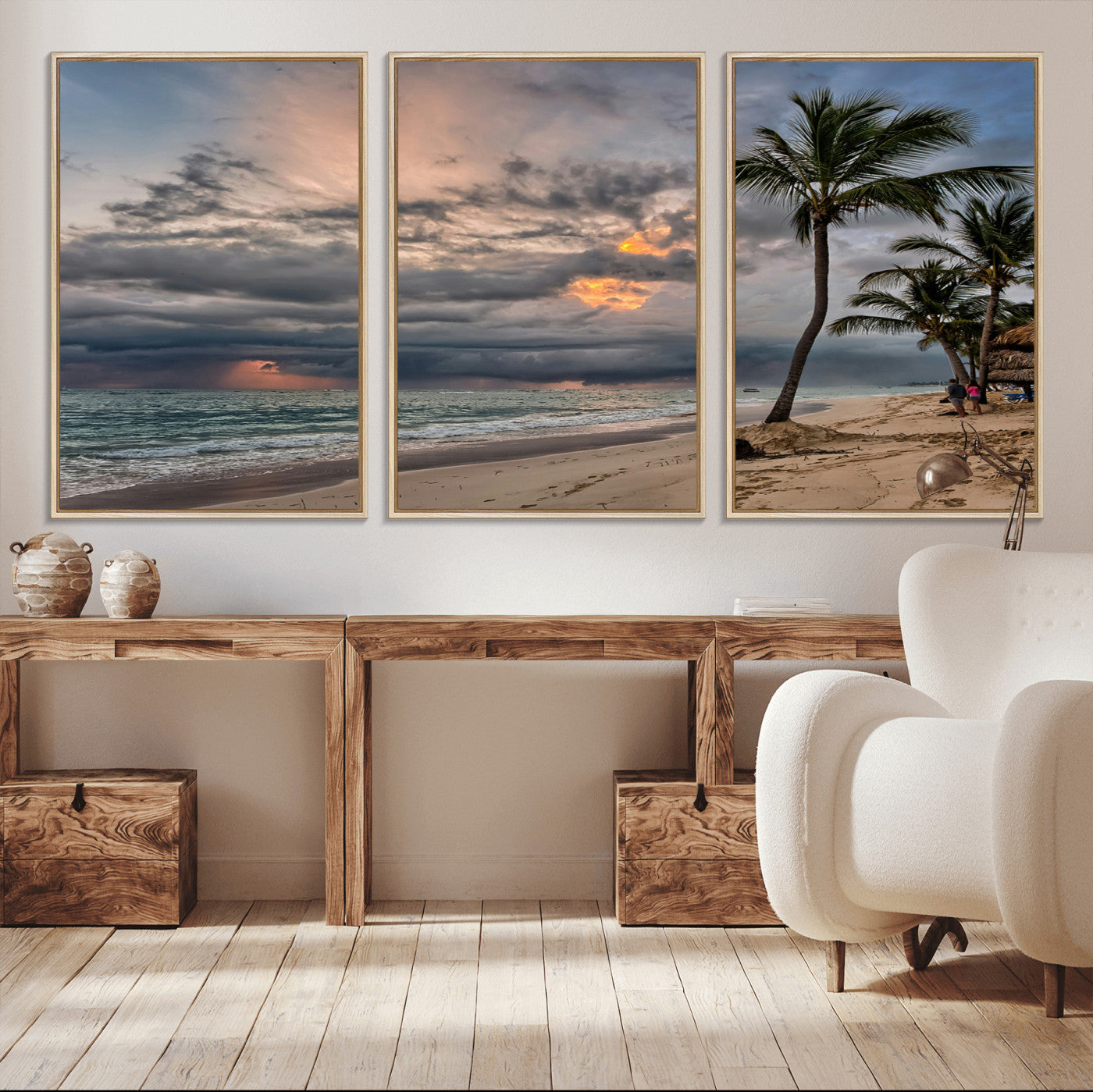 62574547-MGV-CV-36X24-Tropical Storm Wall Art Canvas Print, Framed Moody Beach Art Picture Print, Dramatic Sky Perfect Tropical Coastal Decor Artwork