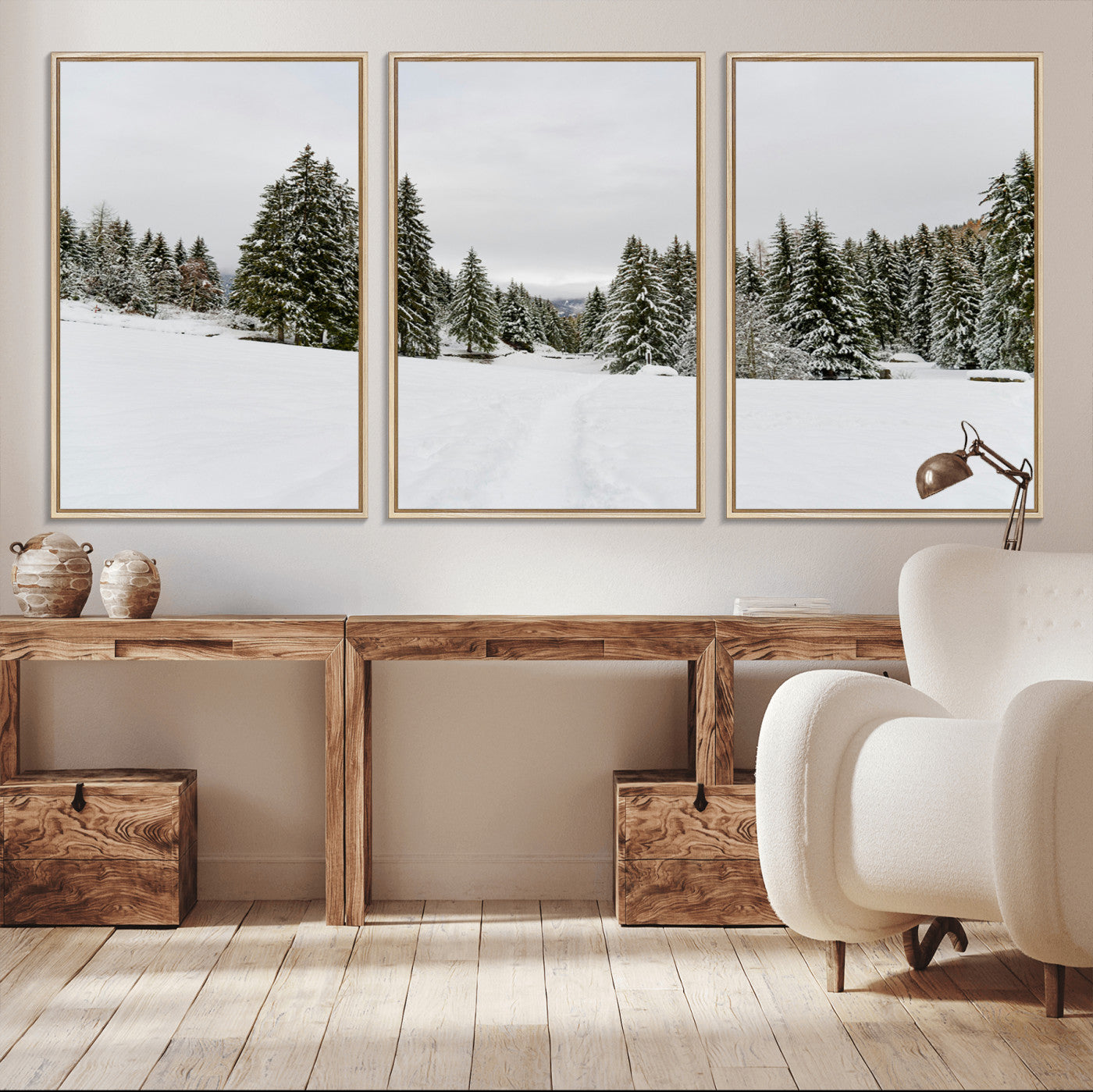 24581417-MGV-CV-36X24-Frosty Pines Wall Art Canvas Print, Framed Silent Snowfall Art Picture Print, Cozy Cabin Vibes Perfect Nordic Minimalist Decor