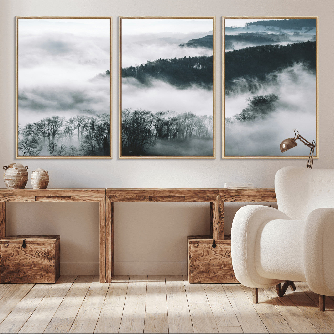 67569654-MGV-CV-36X24-Foggy Forest Wall Art – Mist Covered Hills and Trees Landscape Canvas Print, Moody Nature Photography Decor for Living Room,